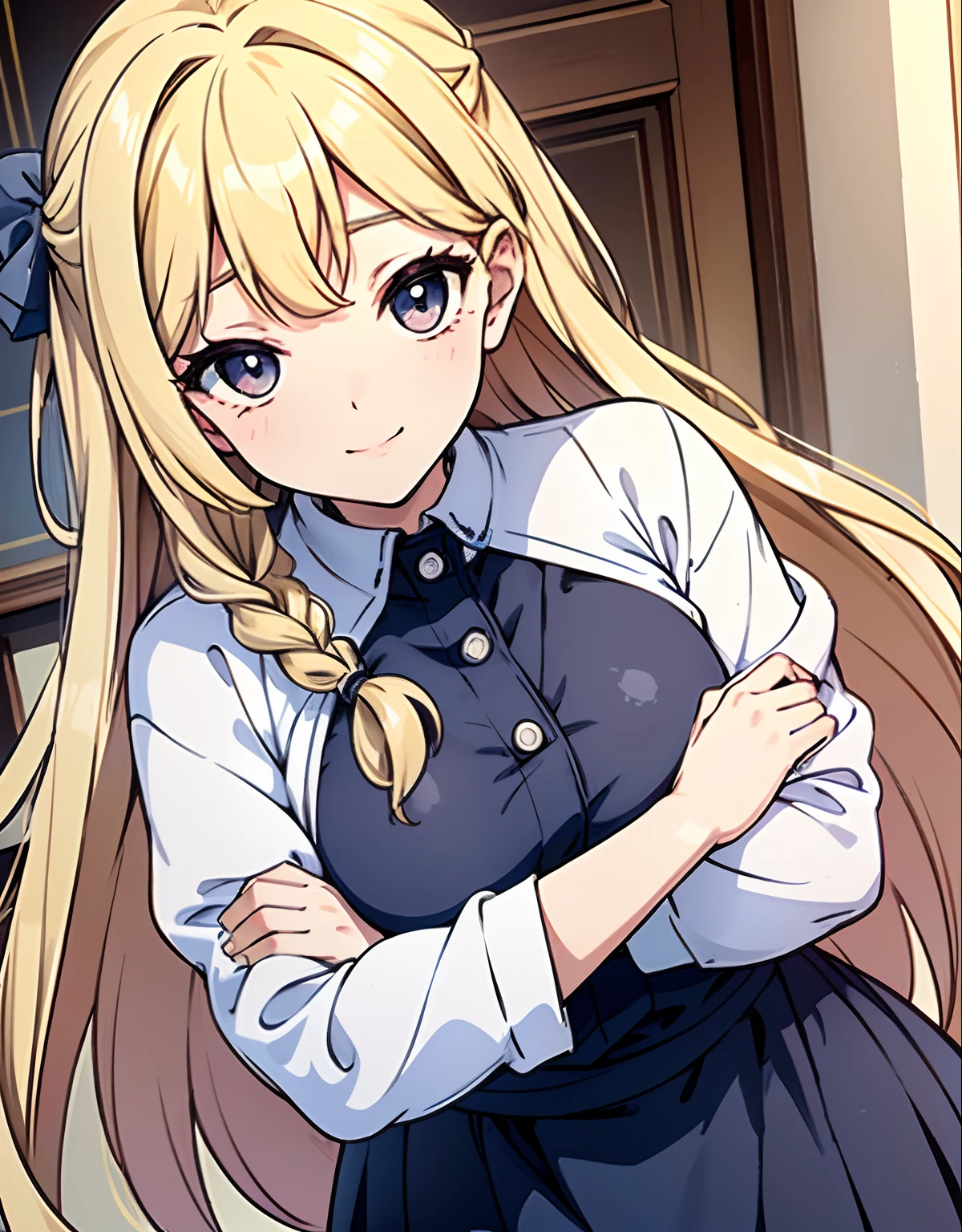 sleepy eyes, thick lines, mature, upper body,.\(Style\):,,..\(Composition\):\1girl,,..\(Appearance\): smile,braided hair,blond hair, sapphire eye,..\(Clothing\):,(Comfortable clothing, hugging curves 1.2),(pastel color style:1.1)(Behavior\):,..\(Location\):,..\(Quality\): best quality,masterpiece,,.,