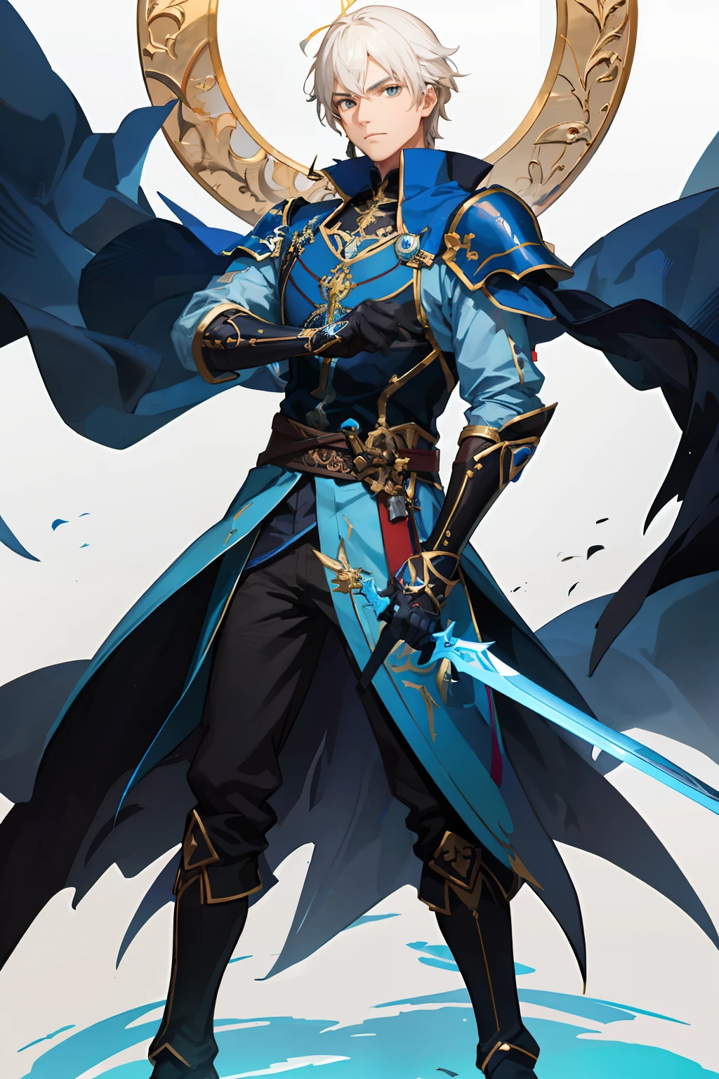 Anime character with sword and armor standing in front of a mirror, full portrait of magical knight, Artgerm e Atey Ghailan, casimiro arte, Krenz Cushart e Artgerm, Armadura azul, Paladino masculino, um paladino masculino humano, Keqing por Genshin Impact, hero character art, Artgerm extremamente detalhado, por Yang J