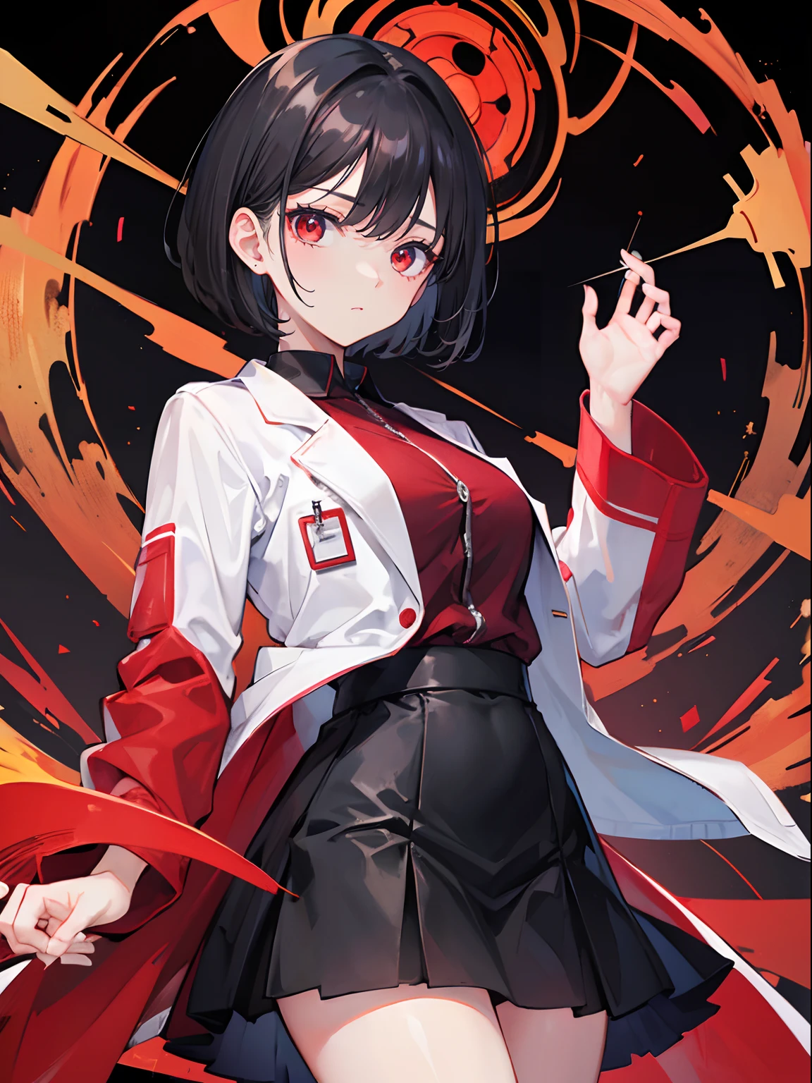 (doctor), (masterpiece), perfect face, perfect fingers, lab suit, black skirt, short black hair, red eyes, golden earring, lab background