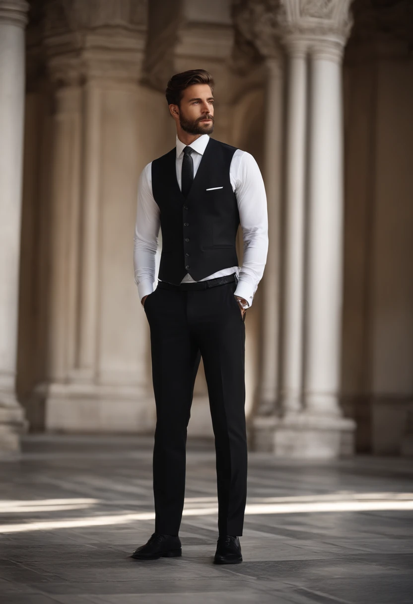 jesus christ in a white shirt and black pants standing in a room, roupas sob medida, grey pants and black dress shoes, apelo masculino alta moda, traje formal, Homem magro com pele negra, careca, Macho bonito, male proportions, bonito e elegante, black suit pants, modelo masculino, modelo posando, with a business suit on, bonito e atraente