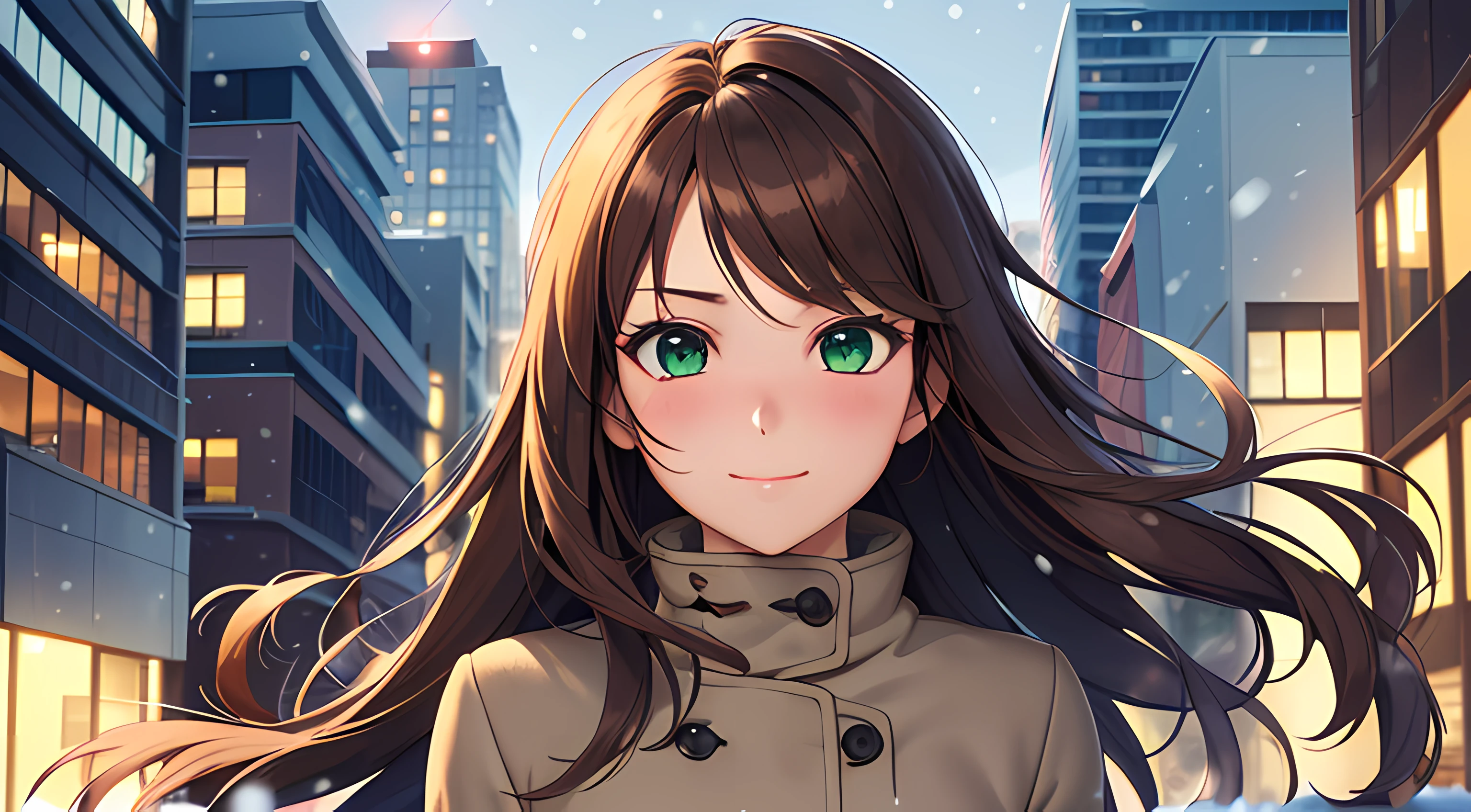 ((masterpiece, best quality, highres, UHD, perfect pixel, depth of field, 4k, RTX, HDR)), (golden ratio, rule of third), 1girl, single, solo, 24 years old, beautiful anime girl, beautiful artstyle, anime character, ((long hair, parted bangs, brown hair)), (green eyes:1.4, rounded eyes, beautiful eyelashes, realistic eyes), (detailed face, blushing:1.2), (smooth texture:0.75, realistic texture:0.65, photorealistic:1.2, cinematic, anime CG style), medium breasts, perfect body, busty, (dynamic angle, pov), ((winter clothes, long coats, mittens, gloves, long underwear)), night, city lights, bokeh:1.4, (outdoor, city buildings, crowd), ((winter, snowfall:1.8, the wind blows)), sly smile, graceful, prestigious, glorious, elegant