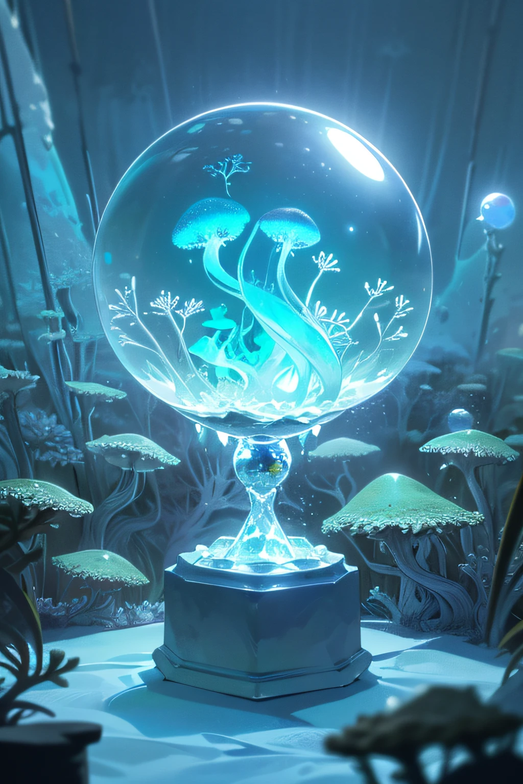 Ultra-realistic, 16K high resolution, (Max Sharp Focus: 1.3), (Max Close-up: 1.5), (Electric jellyfish trapped in a crystal ball with a pedestal on a table: 1.7), (Seaweed forest, ice, coral reef: 1.5)