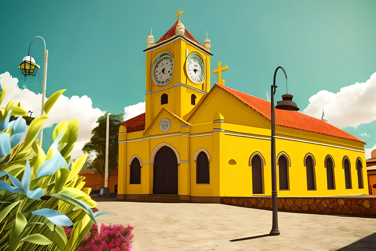 There is a yellow building with a clock tower in front of it, igreja, muito ornamentado, cidade de Boa Vista Roraima no Brazil, catedral da igreja, Altamente ornamentado, imaculadamente detalhad, Neo - Arquitetura Andina, Arquitetura neo-andina, monastery, santo, catedral, religión, vivid and detailed, cartoon form