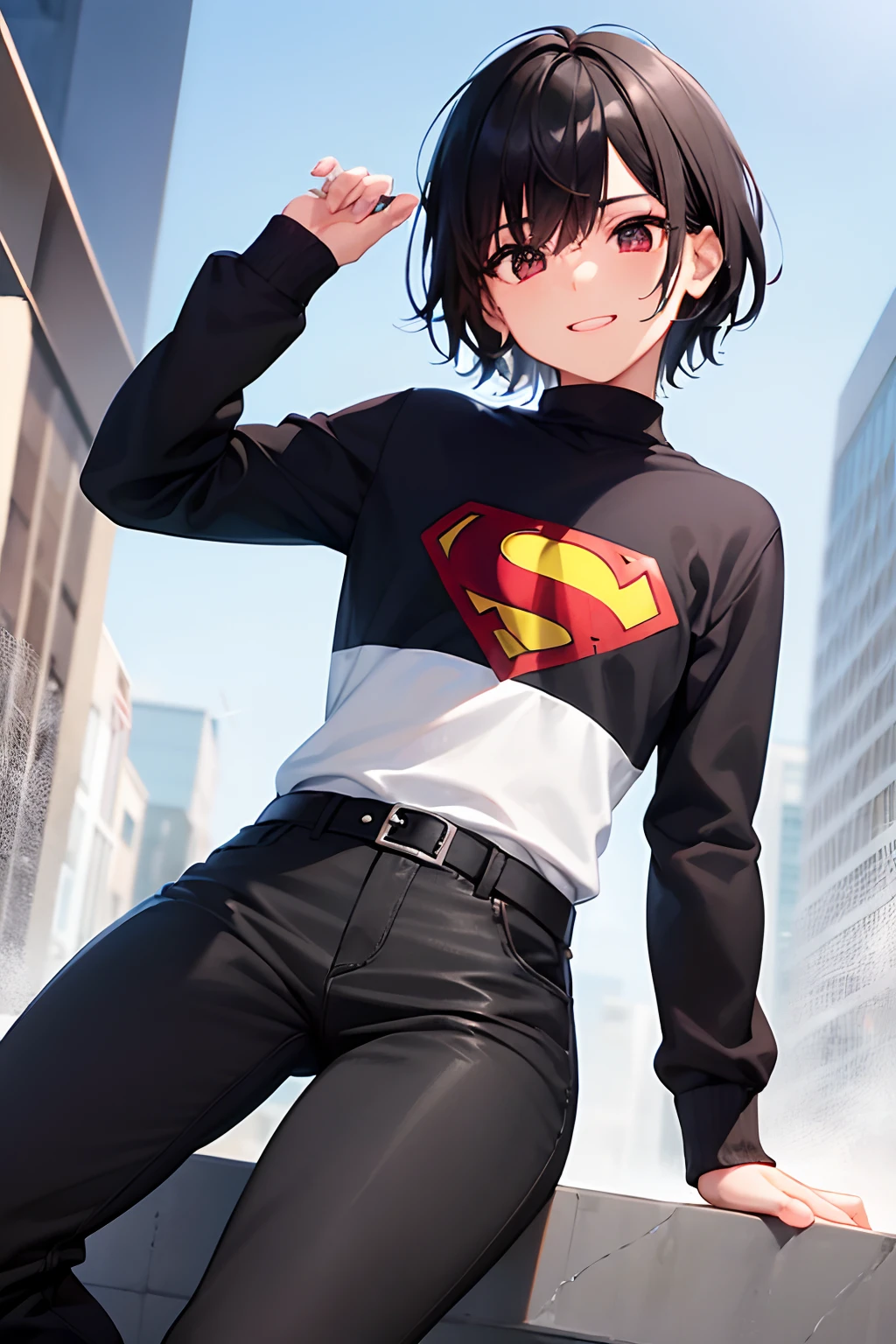 1boys, Cabello negro corto, ojos cafes, musculoso, camisa negra de superman manga corta, pantalones ajustados negros, botas grises, sonriente, sentado en una ciudad