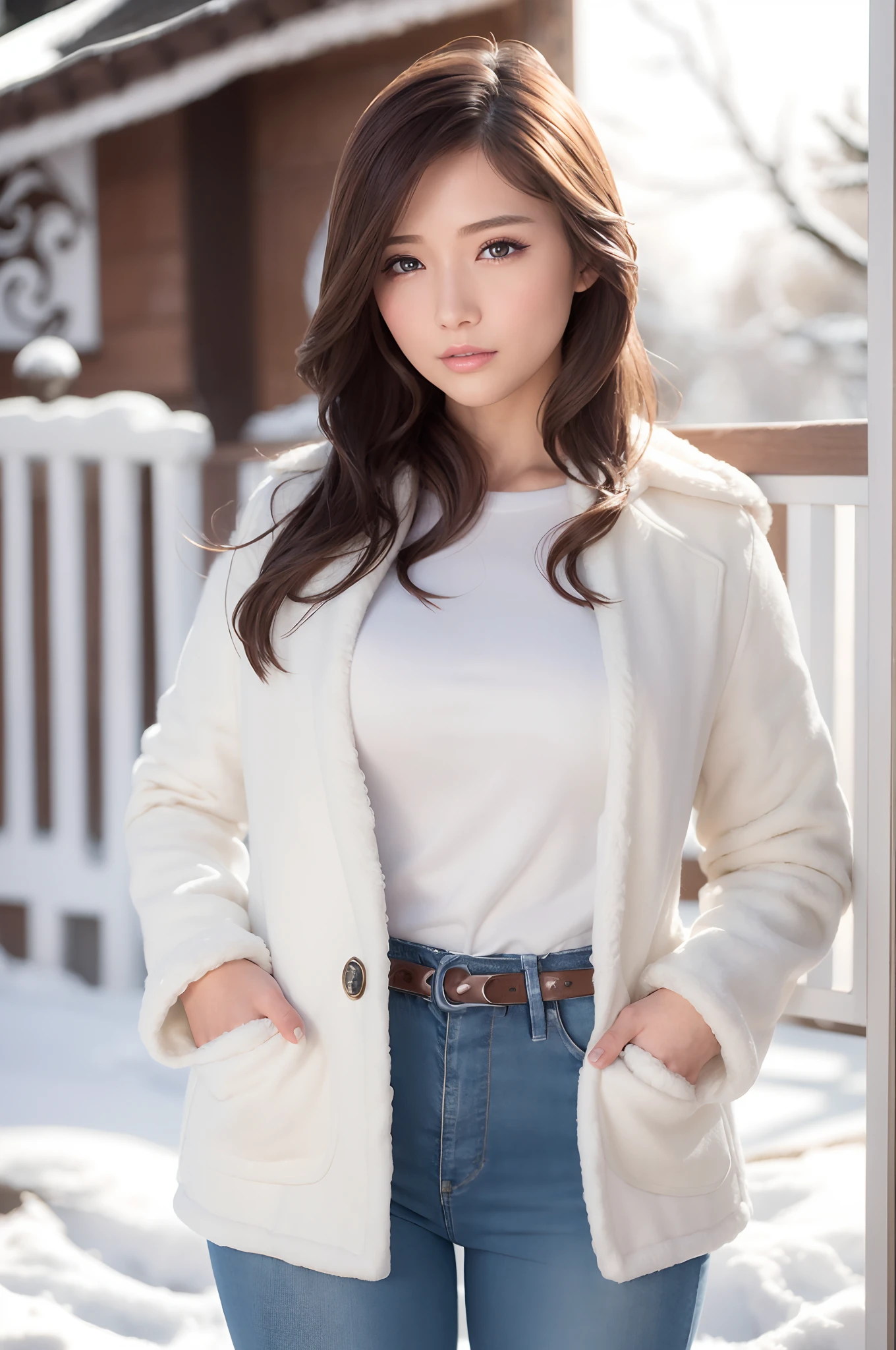 Winters，Snowy landscape，((voluminous coat、Skinny Jeans、a belt))、depth of fields，Real Light，Ray traching，OC Renderer，UE5 Renderer，Hyper-realistic，best qualtiy，8K，Works of masters，super-fine，Correct anatomy、(Best Quality, 4K, masutepiece: 1.3), Beautuful Women、Hyper-realistic, 1girl in,hyperdetailed face,Detailed eyes,二重まぶた, (Beautiful detailed lips),Sexy face,Women of Alafe,25-years old、