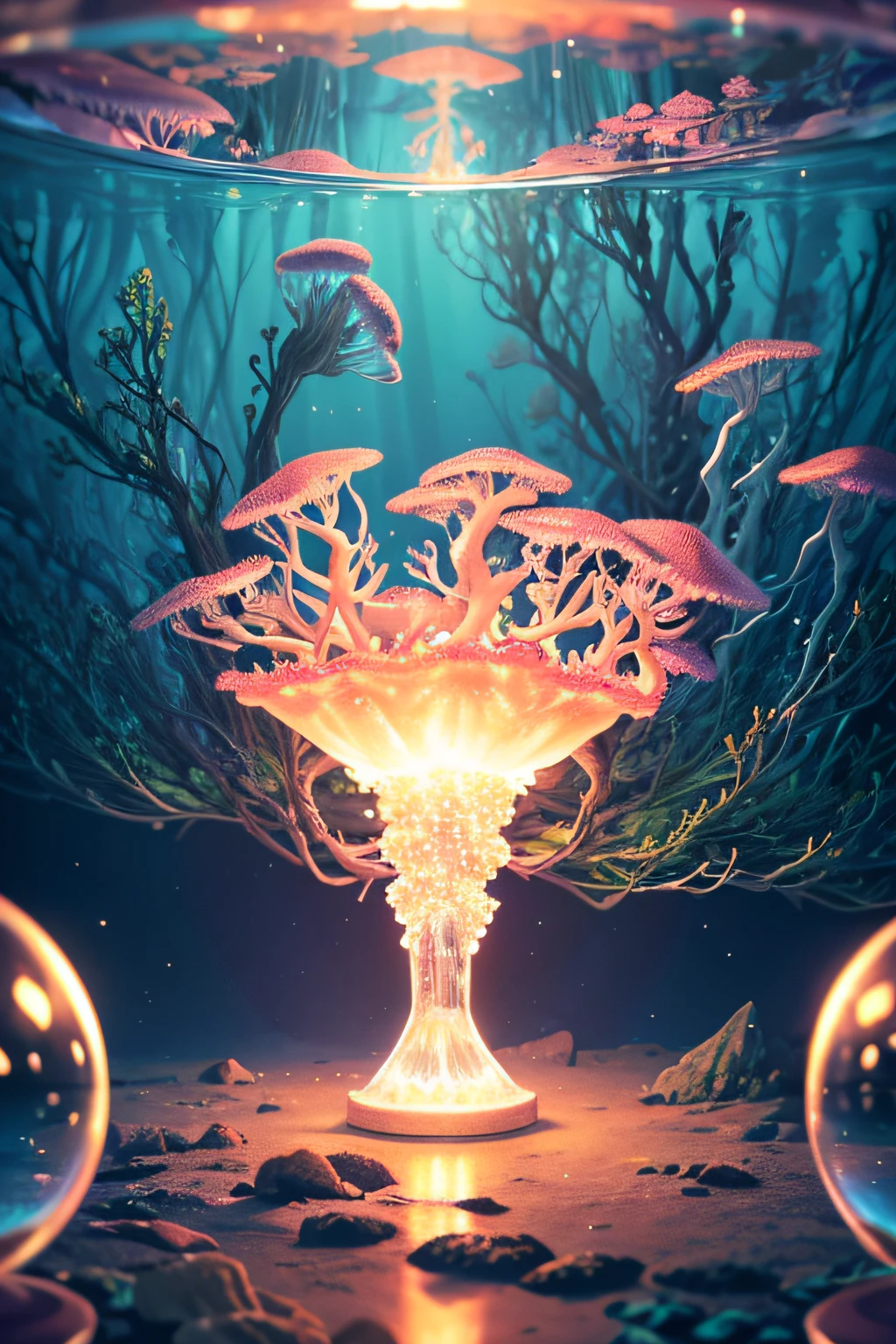 Ultra-realistic, 16K high resolution, (Max Sharp Focus: 1.3), (Max Close-up: 1.5), (Electric jellyfish trapped in a crystal ball with a pedestal on a table: 1.7), (Seaweed forest, ice, coral reef: 1.5)