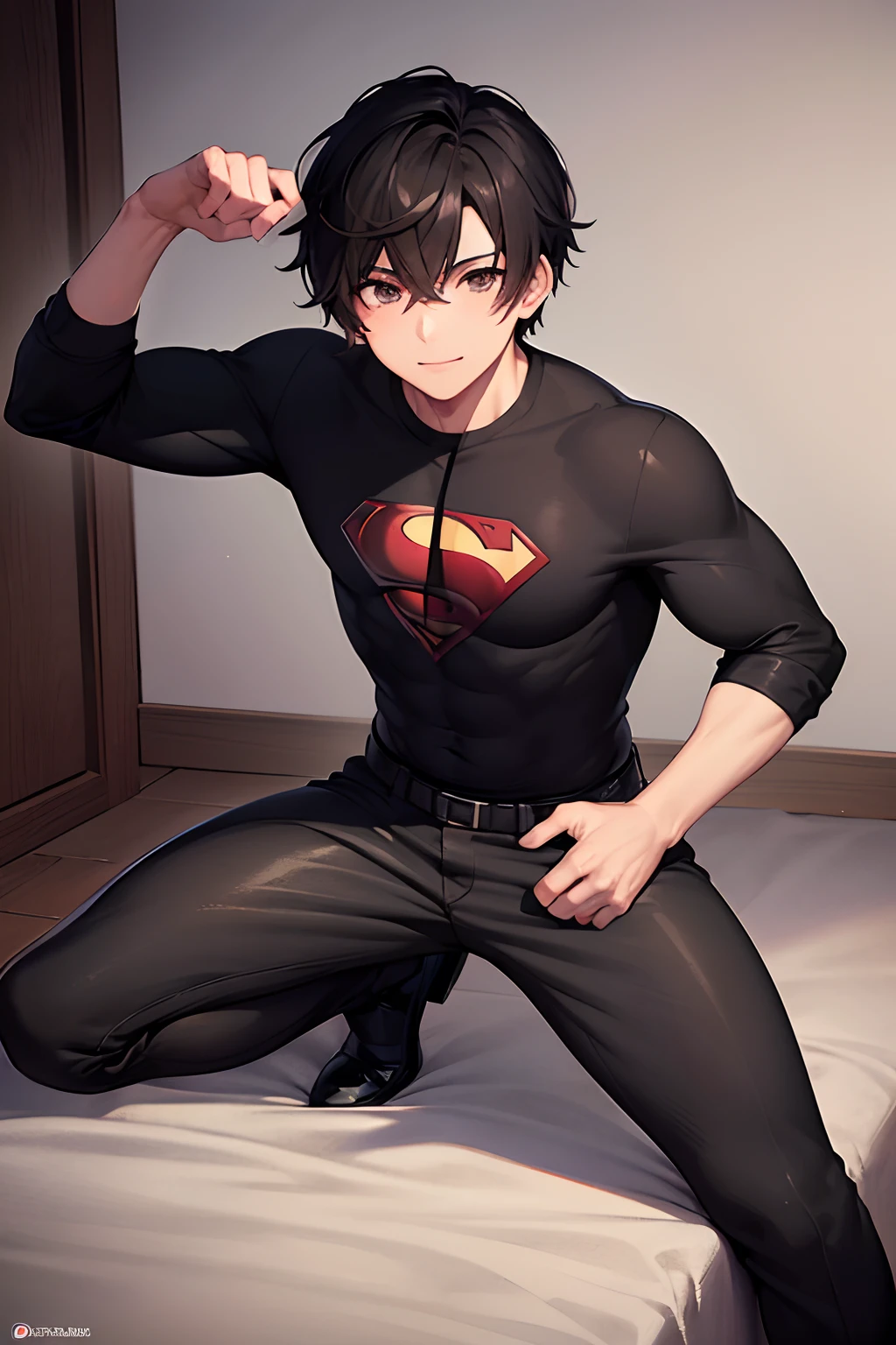 1boys, Cabello negro corto, ojos cafes, musculoso, camisa negra de superman manga corta, pantalones ajustados negros, botas grises, sonriente, pose erotica