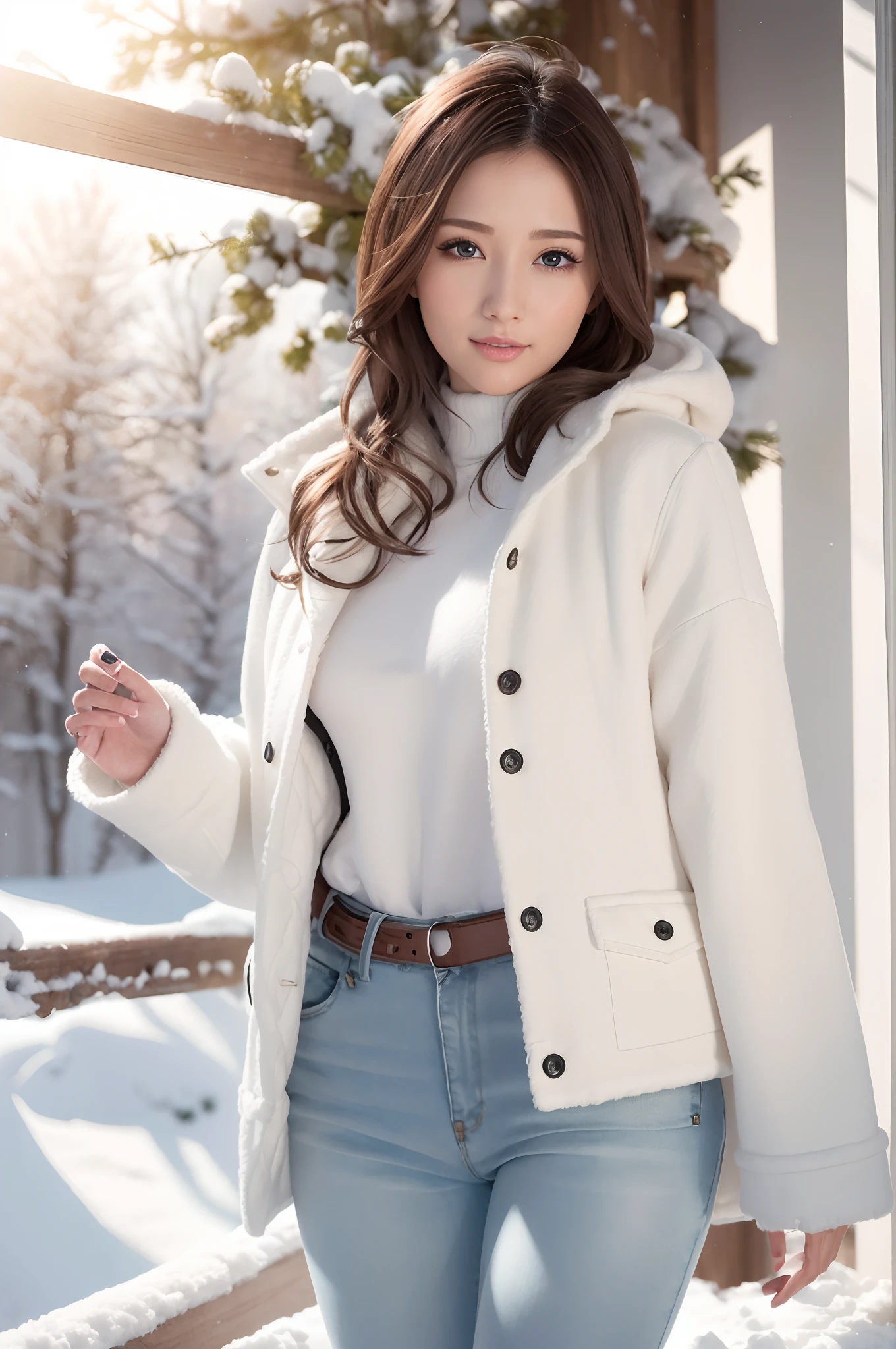 Winters，Snowy landscape，((voluminous coat、Skinny Jeans、a belt))、depth of fields，Real Light，Ray traching，OC Renderer，UE5 Renderer，Hyper-realistic，best qualtiy，8K，Works of masters，super-fine，Correct anatomy、(Best Quality, 4K, masutepiece: 1.3), Beautuful Women、Hyper-realistic, 1girl in,hyperdetailed face,Detailed eyes,二重まぶた, (Beautiful detailed lips),Sexy face,Women of Alafe,25-years old、