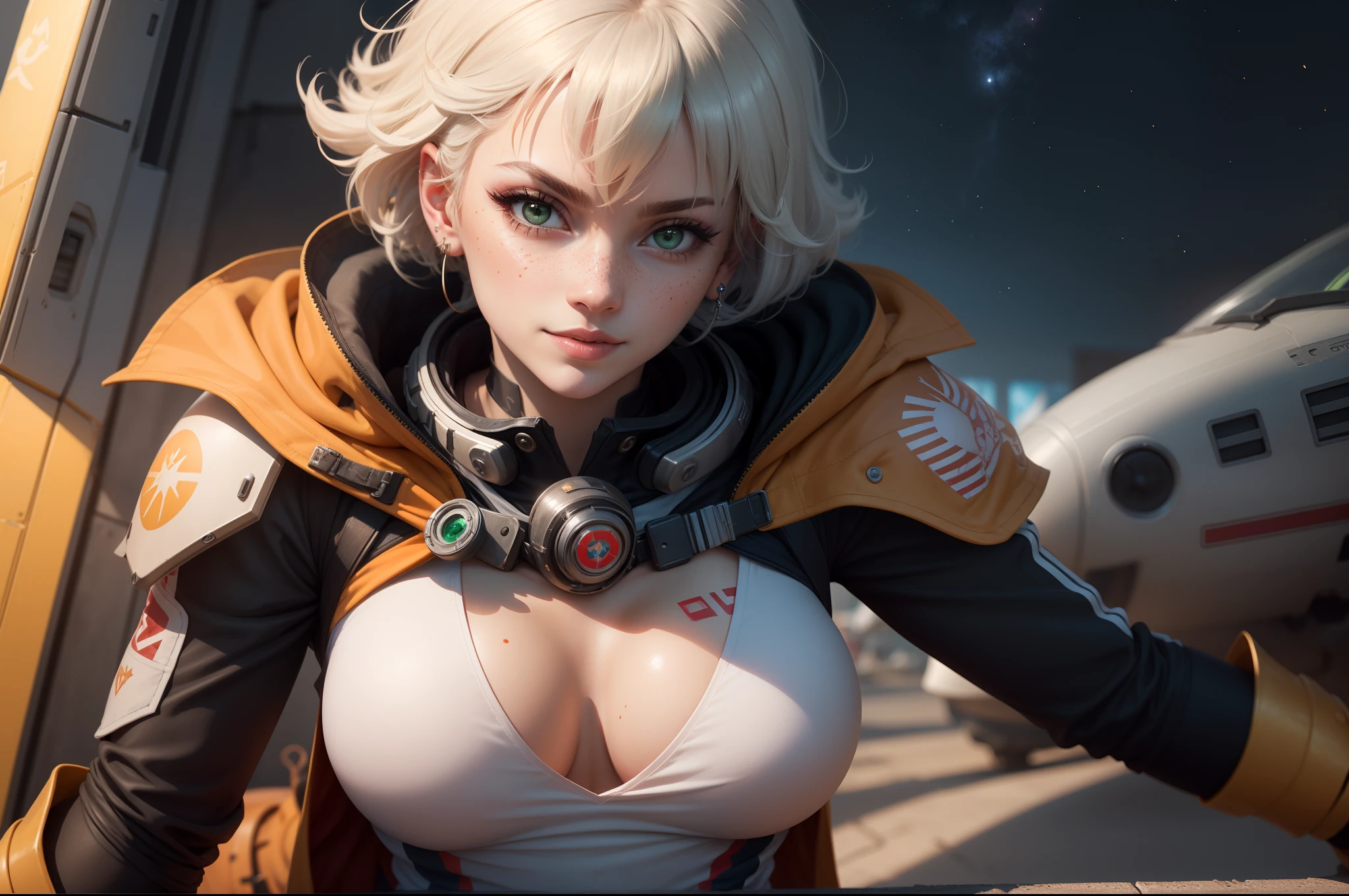 gwen tennyson,ryuuko matoi,y'shtola rhul,tracer,atelier ryza,overwatch,close up,mecha pilot,space port,tattoos,orange and silver plugsuit,white short sleeve lycra top,steel cargo pants,uncovered belly,short hair,cute makeup,green eyes,dimensional golden hair,shy smile,freckles,beautiful girl,large breasts,8k,ultra detailed,realistic,fantasy art,saiyan armor,cyborg armor,steel armor,space ship,pilot uniform,ear piercings,hair pin,super saiyan girl,saiyan female,pilot jacket,