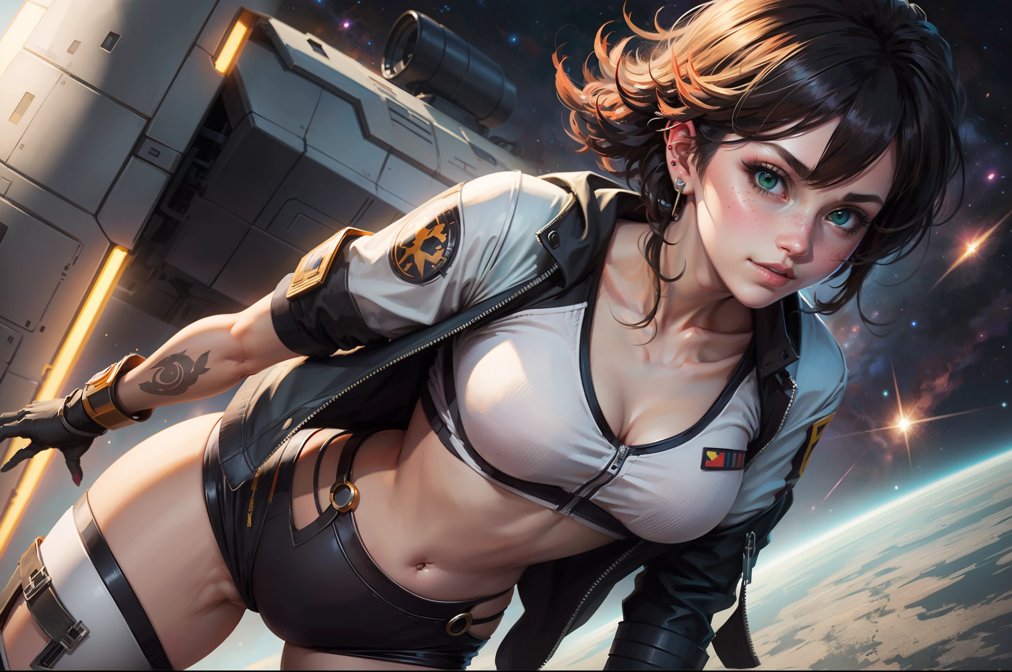 gwen tennyson,ryuuko matoi,y'shtola rhul,tracer,atelier ryza,overwatch,close up,mecha pilot,space port,tattoos,orange and silver plugsuit,white short sleeve lycra top,steel cargo pants,uncovered belly,short hair,cute makeup,green eyes,dimensional golden hair,shy smile,freckles,beautiful girl,large breasts,8k,ultra detailed,realistic,fantasy art,saiyan armor,cyborg armor,steel armor,space ship,pilot uniform,ear piercings,hair pin,super saiyan girl,saiyan female,pilot jacket,