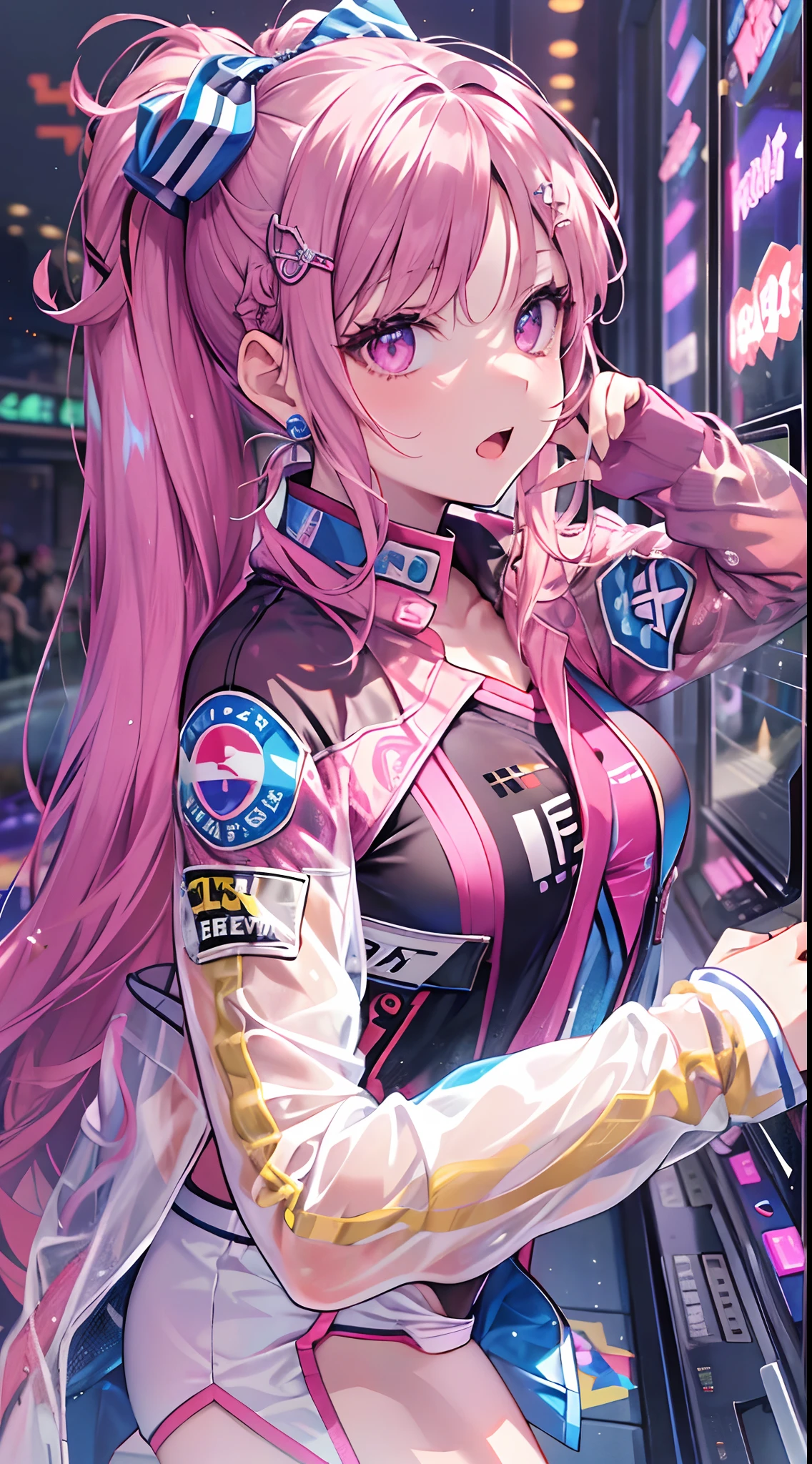((Masterpiece)), best quality, absurderes, ultra detailed, holographic, cowboy shot, golden ratio, super cute girl, mature girl, idol girl, super beautiful asian girl with very beautiful violet glowing eyes, beautiful glowing brown multicolored hair, high ponytail, nice and sexy body, slim body, perfect body, wearing a super tight anime printed leotard, an anime printed super tight off shoulder long sleeve crop top, a super aesthetic transparent mini jacket, beautiful hair ornament, pink jordan tennis, playing with her handsome otaku skinny boyfriend, with black messy glowing hair, in the arcade games