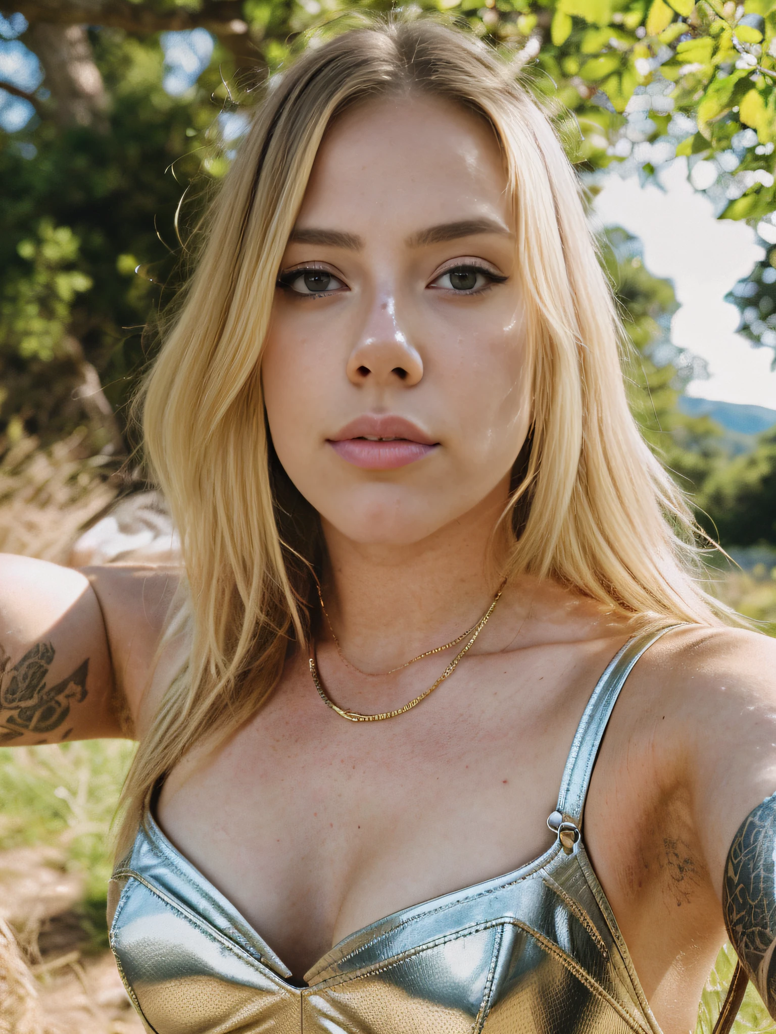 Young woman , sheriff  , 28 years old ,blonde hair, Skrillex haircut , fixed blue eyes, sharp features, no facial or body hair, height 1.83, weight 93 kg, aesthetic muscular build,  cope 34dd ,tattoos , broad shoulders, wide back, V-shaped body, entire body view,