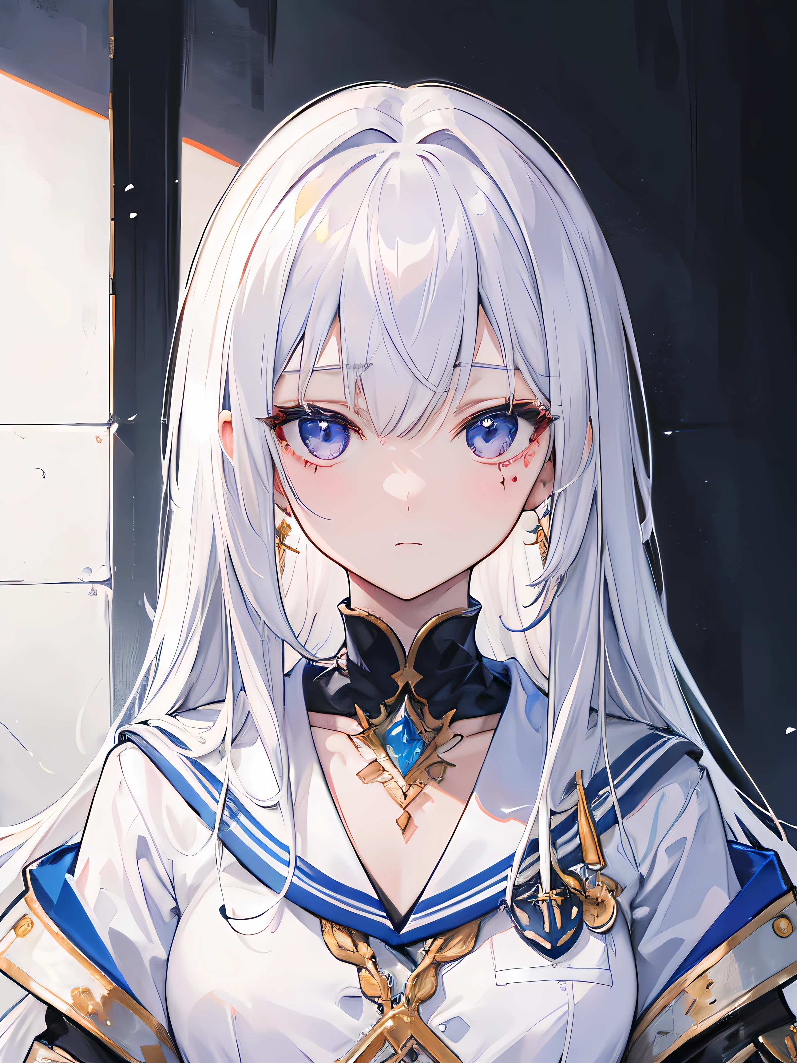 masterpiece, highres, screen shot, best quality, 1girl, (scar on left eye), white cropped jacket, highly detailed, rule of thirds, jewelry, long hair, bangs, hair between eyes