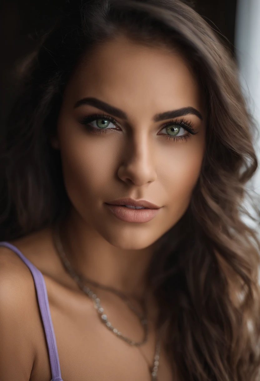 Arafed woman with a white tank top and necklace, Fille sexy aux yeux verts, latina , cheveux bruns et grands yeux, selfie of a young woman, Yeux de chambre, Violet Myers, pas de maquillage, Maquillage naturel, Look directly into the camera, Visage avec Artgram, Maquillage subtil, Superbe photo du corps entier, piercing green eyes, Bel angle, Pose attrayante, mignonne , pose sexy, Image du corps entier, Corps entier, Prise de vue du corps entier, brunette goddess, High detail, Pose satisfaite, avec jupe grise et bottes, jupe, Bottes