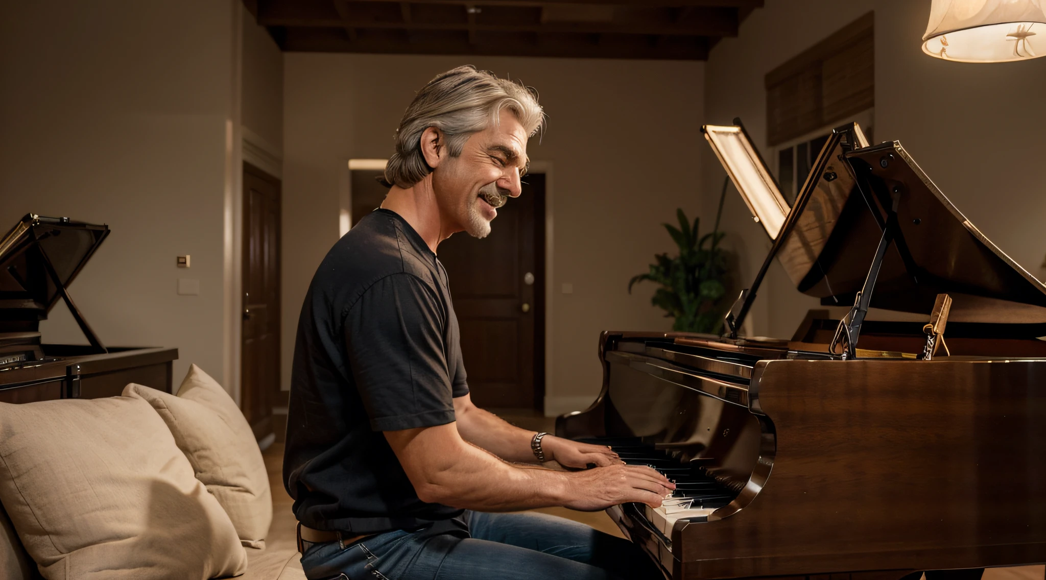 A cosy family home, A side view of a man who looks exactly like Sam Elliott playing the piano. films "A Star Is Born (2018)"Looks exactly like Barbie of. He wanted to be a singer, but family affairs prevented him from fulfilling his dream. He is playing the piano and singing by himself. At work, I was struggling doing things I didn't want to do., He seems so happy at this moment when he sings alone at home.