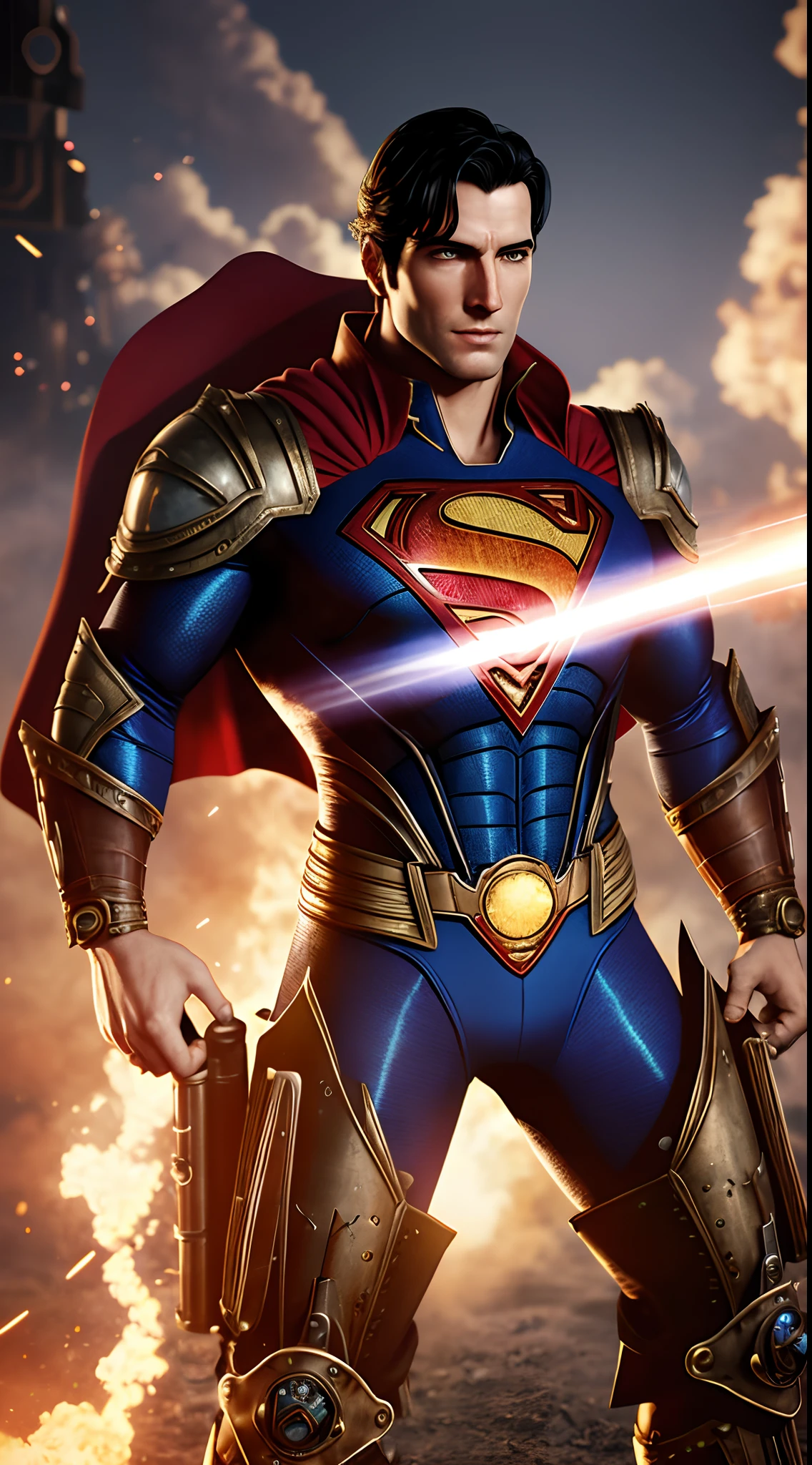 Superman in steampunk world, steampunk suit,smoke, high tech machinery to outer space, steampunk, ultra realistic, octane render, full body, 9:16 ar, 8k, symmetrical, dark fantasy