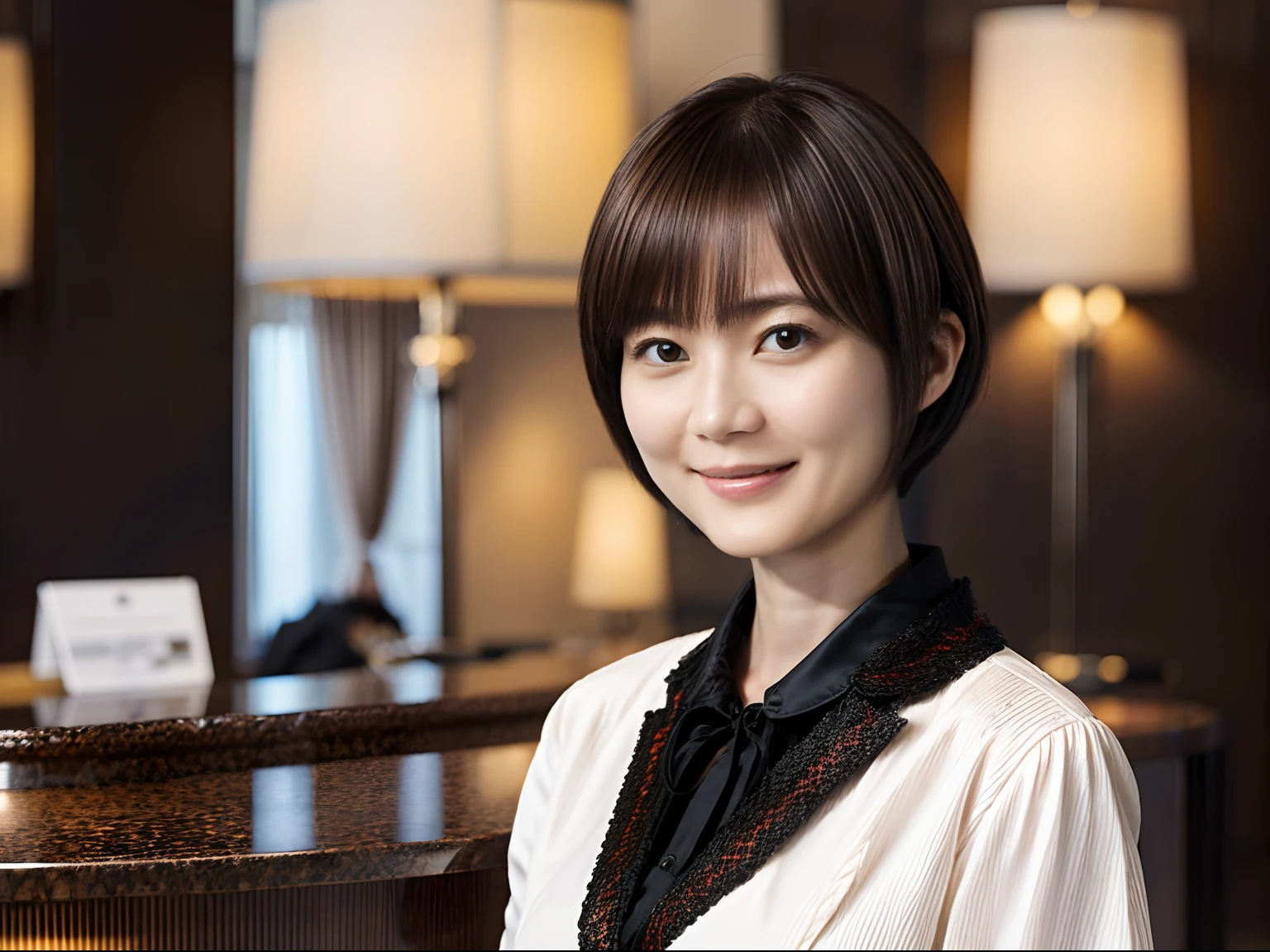 50
(19-year-old woman), (A hyper-realistic), (masutepiece), Short bob cut, Concierge at the hotel reception, kindly smile