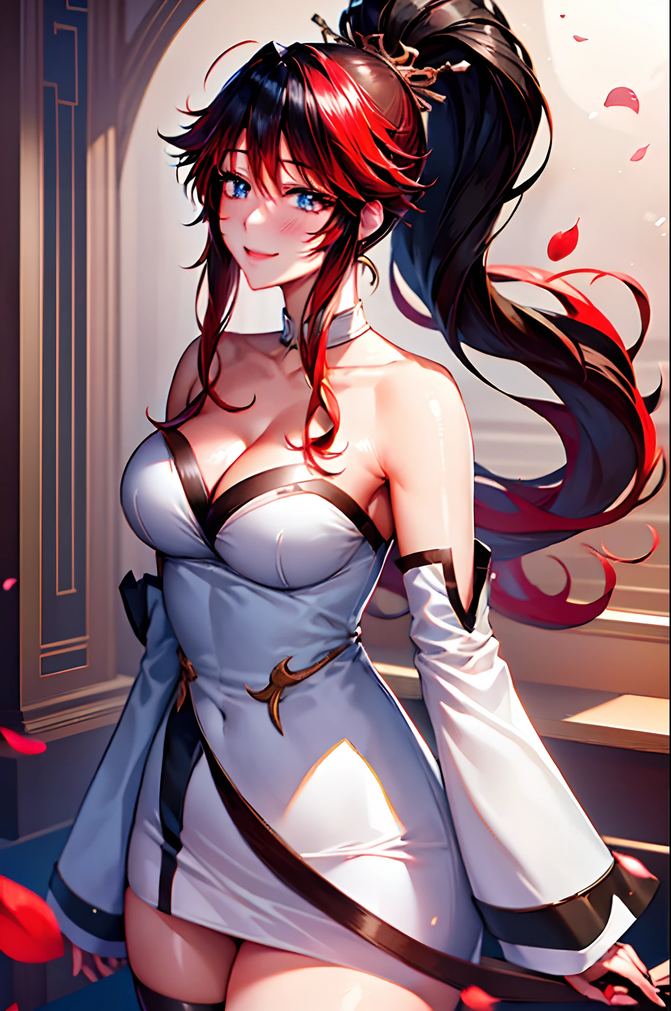 (shoujo-style), (romance manhwa), NANBU_KAGUYA,TWO-TONE HAIR,RED HAIR,BLACK HAIR, PONYTAIL, WHITE DRESS, WHITE THIGHHIGHS, WIDE SLEEVES, SLEEVELESS, 1girl, solo, upper body, facing viewer, looking at viewer, smile, cleavage, masterpiece, best quality, highres,