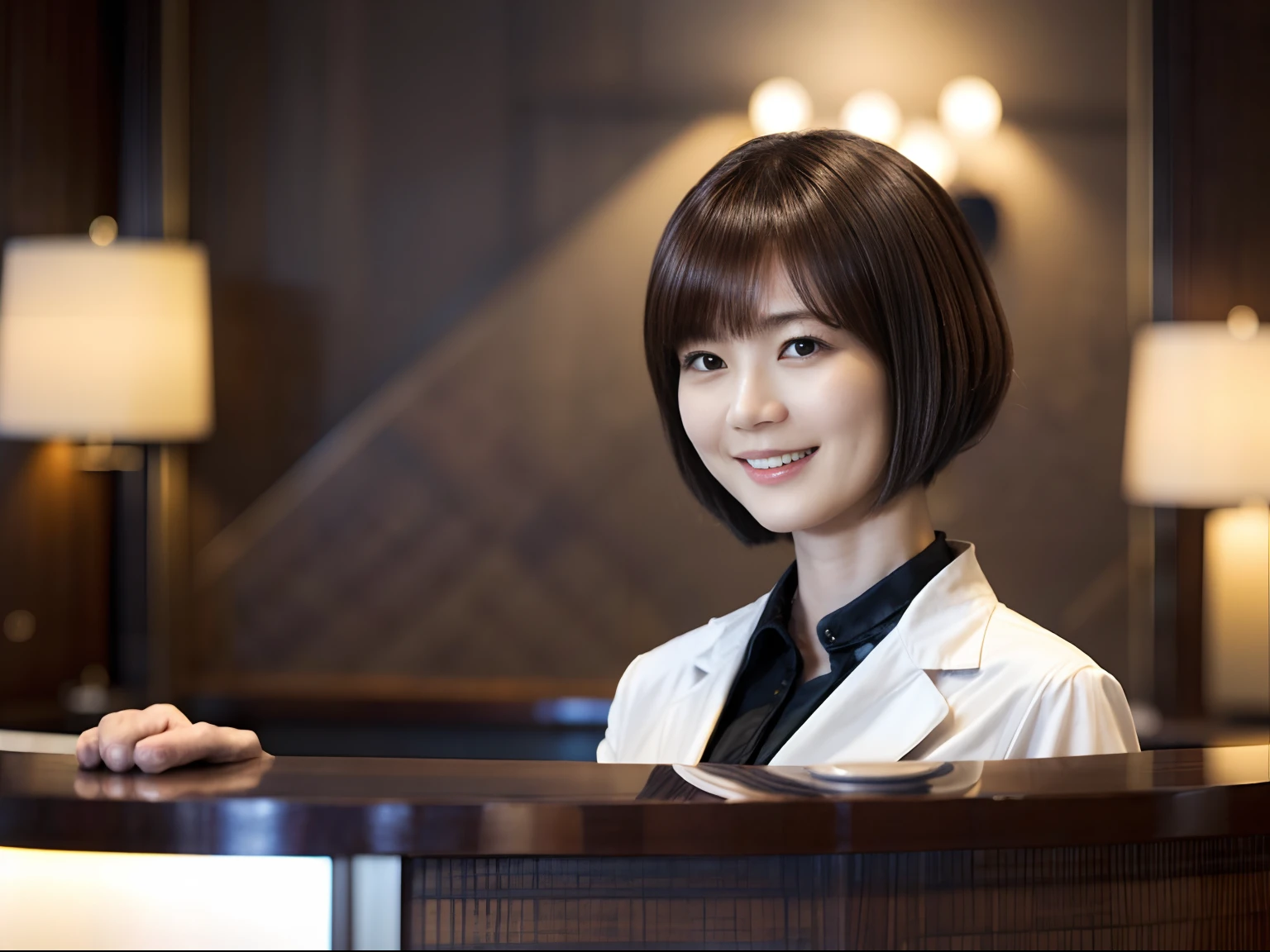 50
(19-year-old woman), (A hyper-realistic), (masutepiece), Short bob cut, Concierge at the hotel reception, kindly smile