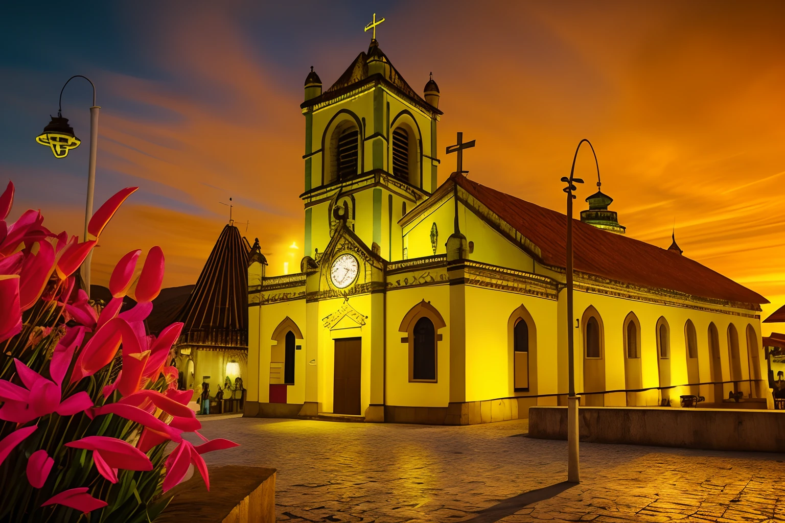 There is a yellow building with a clock tower in front, igreja, muito ornamentado, cidade de Boa Vista Roraima no Brazil, catedral da igreja, altamente ornamentadol, imaculadamente detalhad, Neo - Arquitetura Andina, Arquitetura neo-andina, monastery, santo, catedral, religión, vivid and detailed