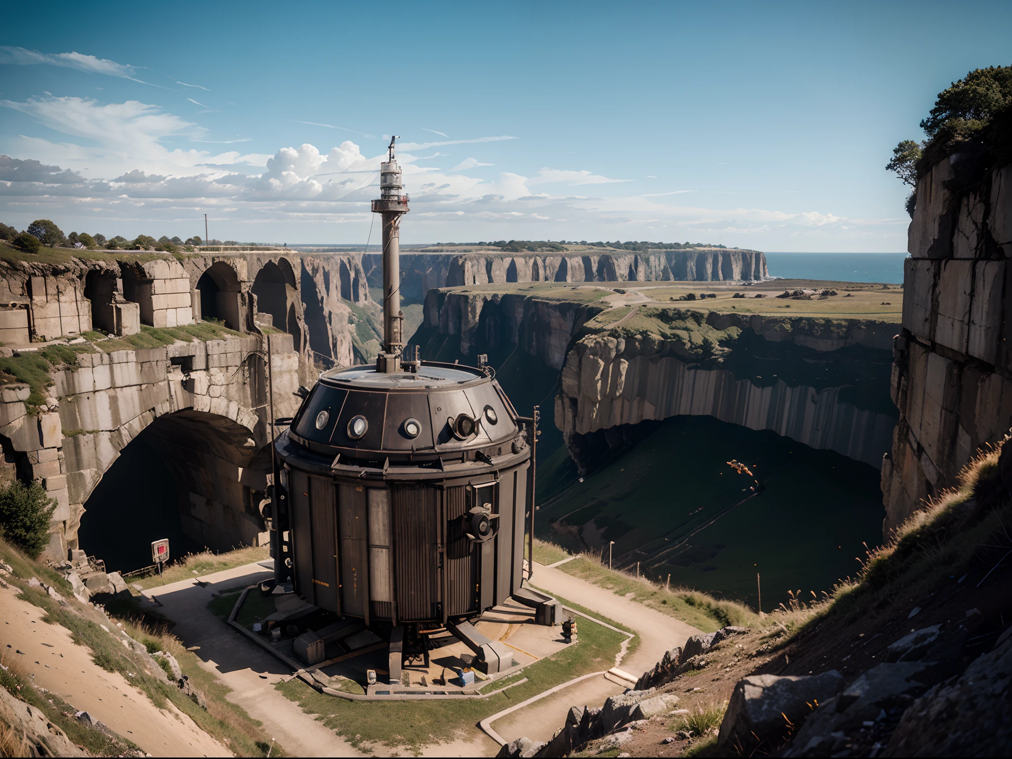 an award winning scene with mysterious machinery overlooking a cliff, photorealism, 35 mm, inspired by the works of Simon Stalenhag