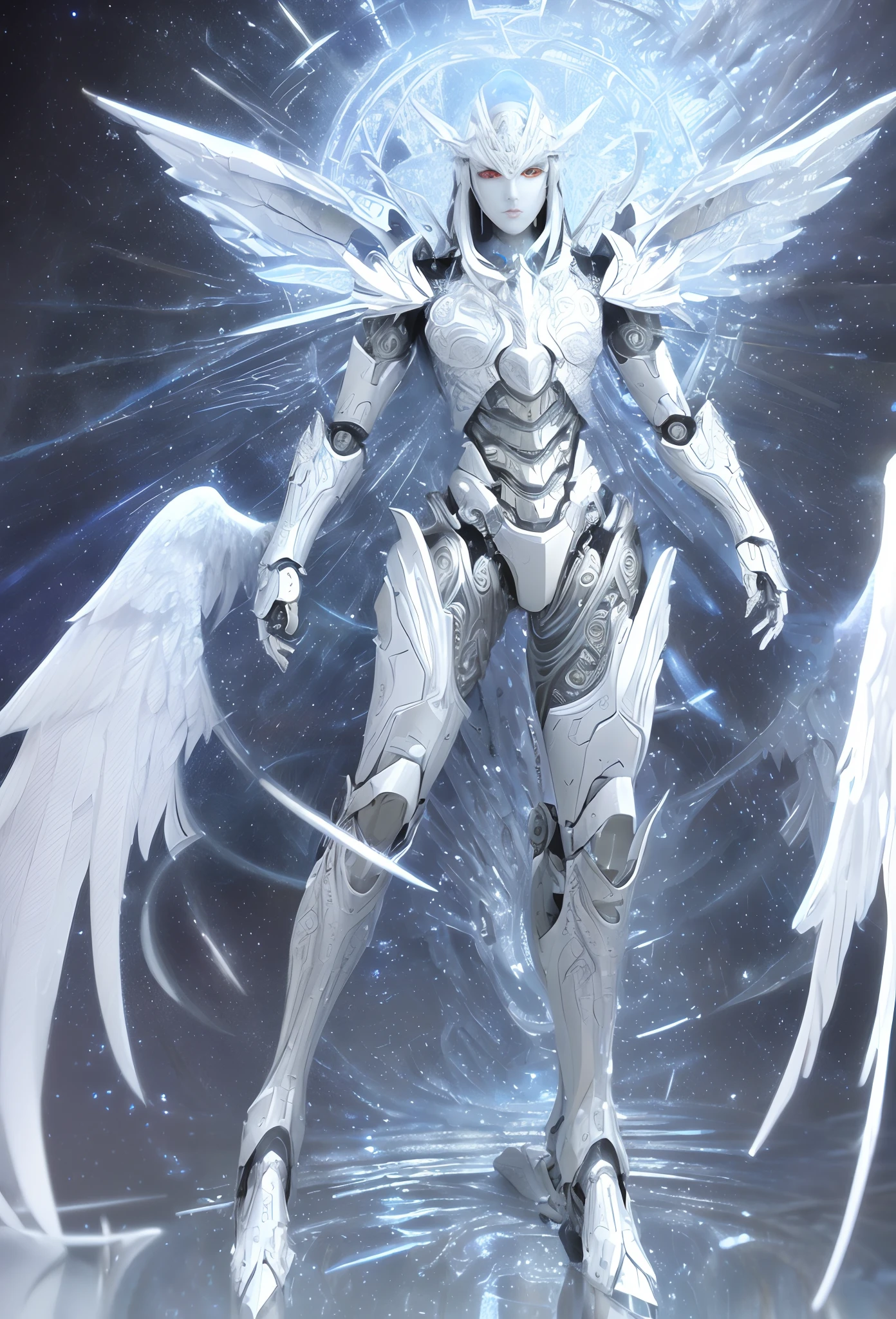 (Full body shot:1.4),(Wide Angle Shot), (Intricate details:1.4), (Masterpiece) , ((Anime Robot, Beautiful White Skin Golem, Angel, 1boy, Magic)), (Perfect Aesthetic Eyes:1.3) , (Detailed Eyes) , (Halo) , (Elden ring:1.4), (Wings:1.3), Glowing white, Twintails Hair, Multicolored Hair, (Anatomically Correct Body:1.4) , Angry, (Perfect Face), Saenyo Ancalagon Majestic Guardian Knight | Ultra Detailed Robotic Armor | Cinematic white Lighting | Intricate filigree metal design | 16k | Unreal Engine 5 | Octane Render | 3d, (anatomically correct :1.4), (Ultra Detailed, Fantasy Background, Blush, Solo, Fightning Stance), (magic circle:1.3), White Lightning Effect, (Ray Tracing), Show Your Ability A.I., (Glowing white Eyes) , (Particles Glowing) , 16k Wallpaper, Robot Female, Trending on Pintrest, By Nimox AI, UHD, a close up of a silver white golden robot with wings in a dark room, white light energy, white light, white lighting, white lightning, unreal engine render saint seiya, angelic silver white golden armor, silver white golden paladin, angel in metalic armor, akihiko yoshida. unreal engine, detailed cosmic angelic robot, 4k highly detailed digital art, 2. 5 d cgi anime fantasy artwork, greek god in mecha style, unreal engine fantasy art