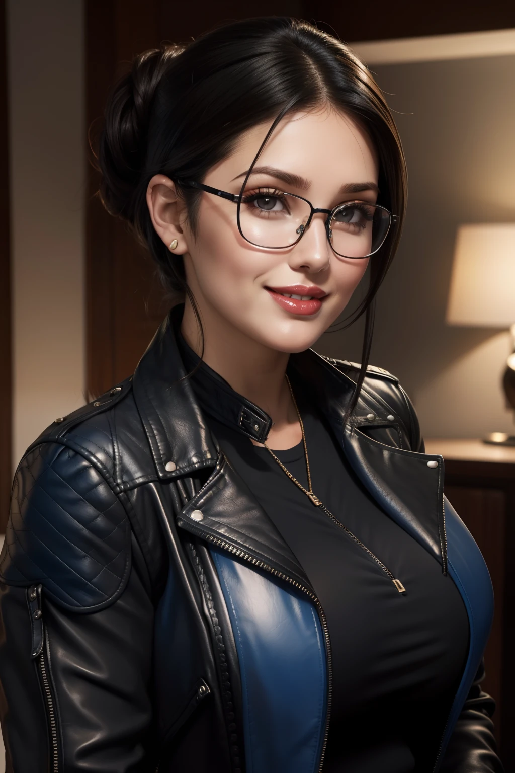 lucy pinder, face portrait, portrait, beautiful face, cleavage, red lips, glasses, smiling, straight hair, black hair, hair tied in a chignon, short hair, blue blouse, ((Black leather jacket)), (( chubby woman)).