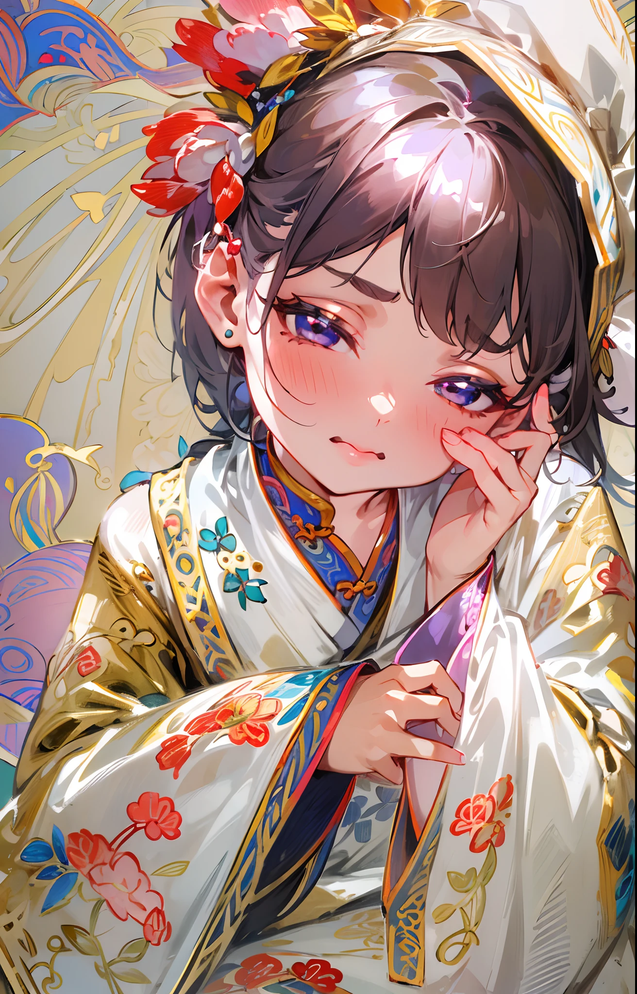 (A cute girl,Sit barefoot,Reveal her delicate feet),Barefoot,Long narrow eyes,A look of disdain,Beautifully designed traditional Chinese costumes,Rich in patterns,Silk fabric,Soft and shiny fabric, Vibrant colors,Floral embroidery and gold thread,flowing short dress,Long sleeves,elaborate detail,Detailed facial features,Thin arched eyebrows,rosycheeks,full pouty lips,Small nose,Small and delicate hands,Delicate soles of feet,Details soles,Minimalist background,subtly lit,Photorealistic style,Vivid colors,Detailed rendering,high resolution,4K quality,Sharp focus.