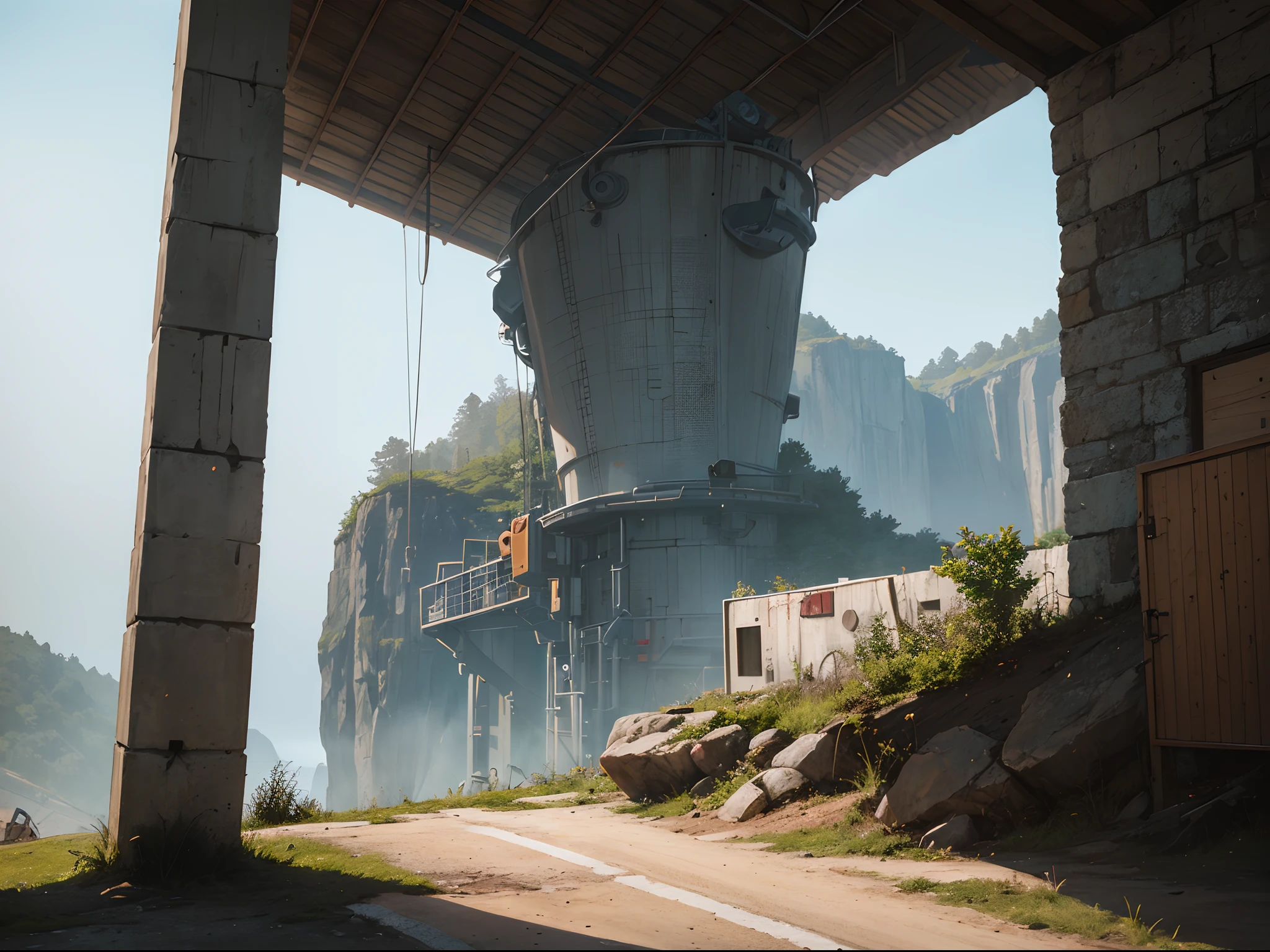an award winning scene with mysterious machinery overlooking a cliff, photorealism, 35 mm, inspired by the works of Simon Stalenhag