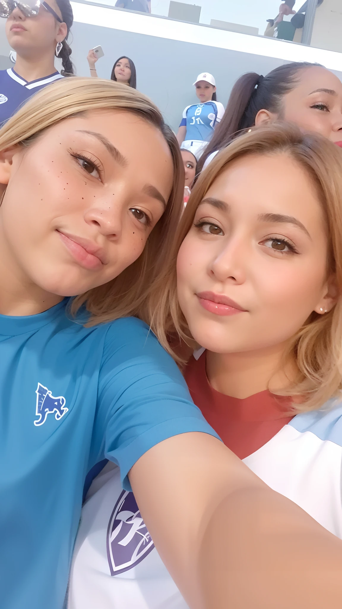 Two women taking a selfie in a stadium with a crowd of people, Lorena Avarez, imagem de perfil, imagem de qualidade muito baixa, foto de perfil, Ayahausca, 📷 Mungojerrie e Rumpleteazer, linda senhora, foto de baixa qualidade, Com Godray, modelagem para dulce e gabanna, na copa do mundo, Upload de alta qualidade
