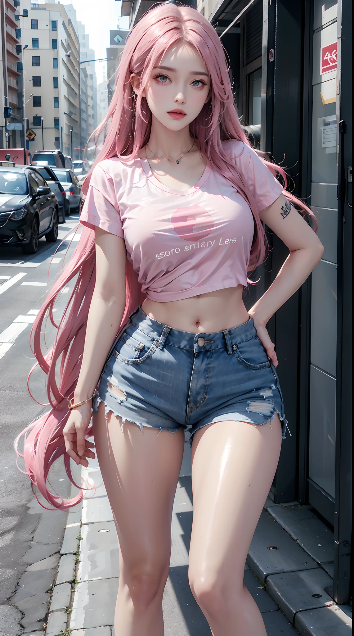 photorealistic, high resolution, 1women, shining skin, solo, tattoo, jewelry, pink lip, long hair, blue eye, closed mouth, hips up, t-shirt, shorts, street wear