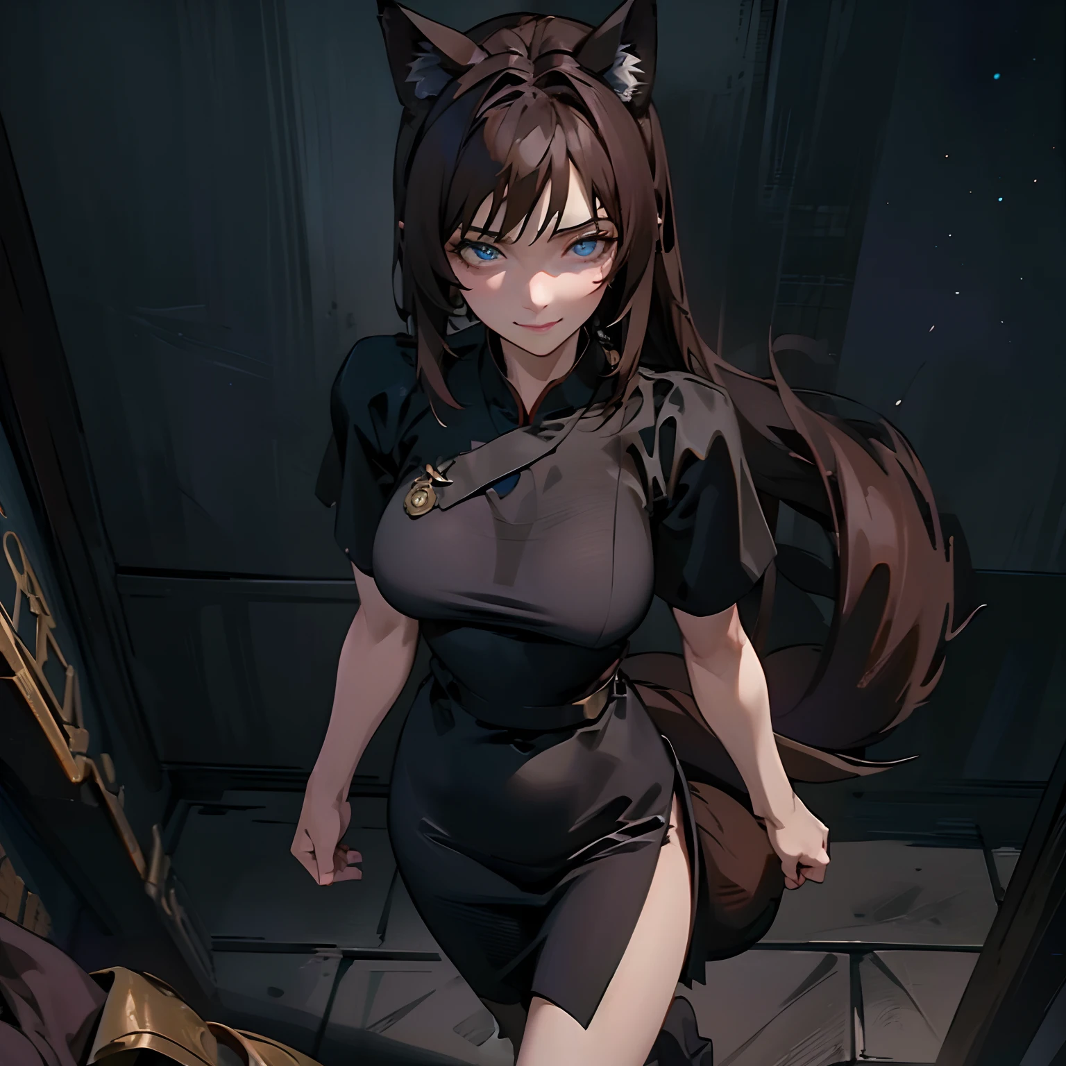 ((masterpiece)),((high resolution)),((best quality)),extremely fine and beautiful, super fine illustration, beautiful detailed girl, supple ???????, front view, facing at viewer, black hair, (Shy :1.1), (see-through:0.8), covered , (crossed legs:0.9), hair covering ???????, dark hair, long hair, fox ears, brilliant blue eyes, starry blue eyes, profile, modest black china dress, black cheongsam, side boob, (((dark voluminous fox tail))),medium-?????????????, medium thighs, (muscular), shy smile, face focus, movie lighting, perfect shadow, realistic lighting shaded, (((walking)))