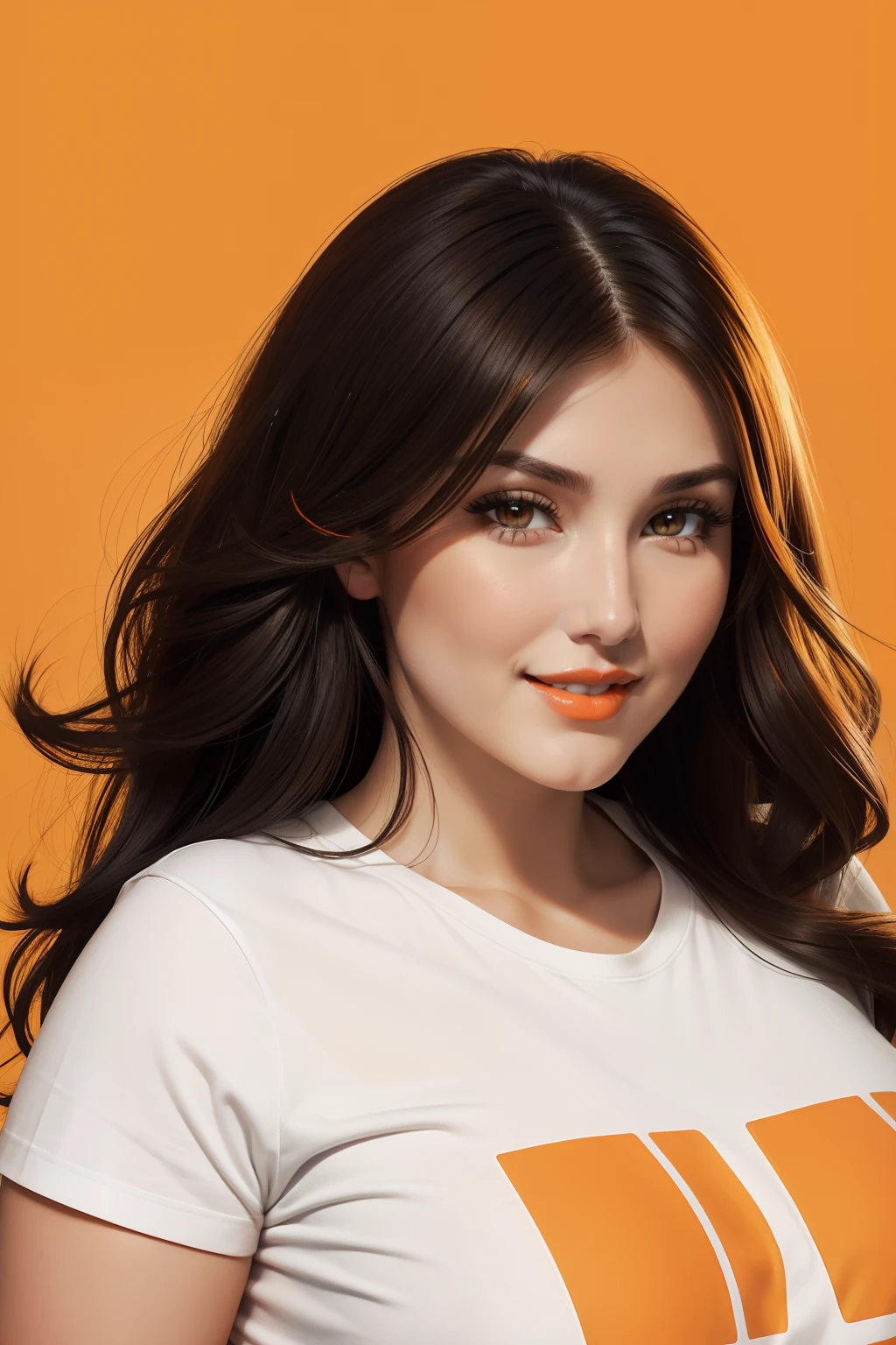 lucy pinder, face portrait, portrait, beautiful face, ((orange lips)), ((orange eyelids)), smiling, straight hair, black hair, medium hair, white t-shirt, ((nwe york logo on t-shirt)) , ((chubby woman)).
