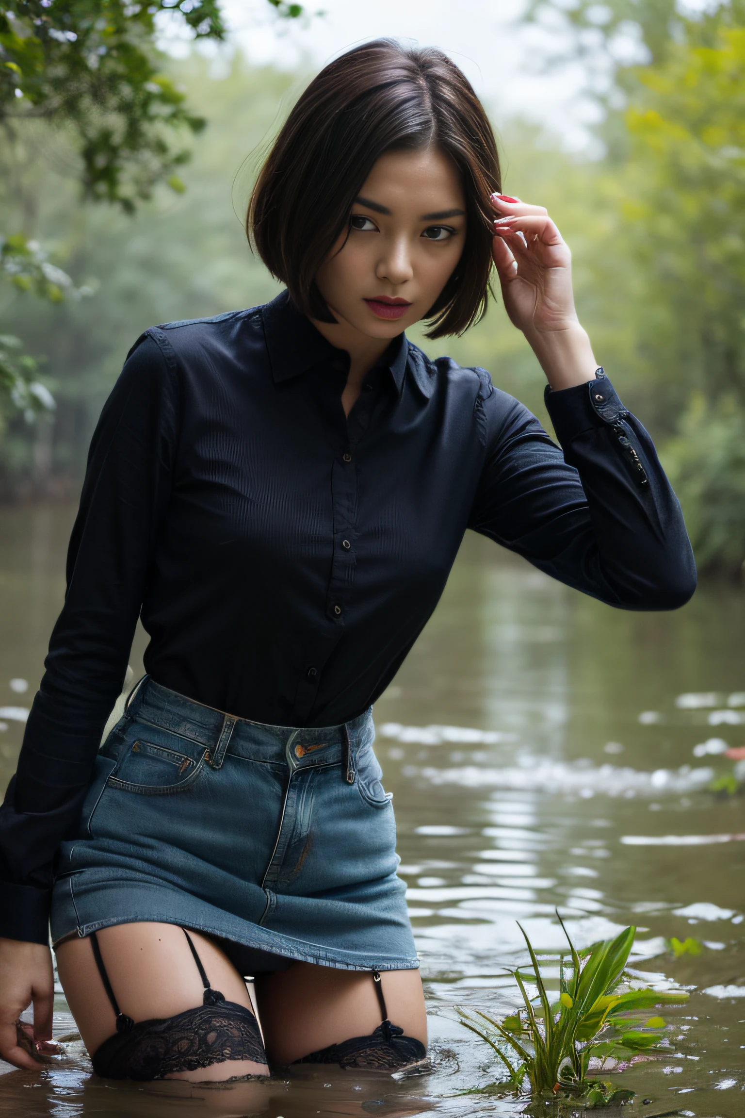 The woman,Expressive wrinkles,Bob haircut,jeans skirt,blouse,dark lace stockings with garters, ( drowning in a swamp:1.2),suicide,Imminent Doom"