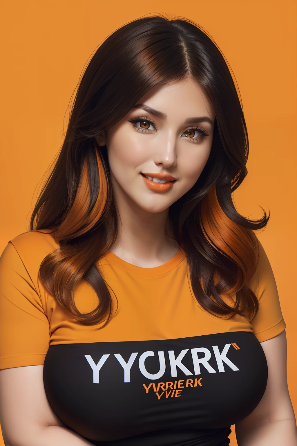 lucy pinder, face portrait, portrait, beautiful face, ((orange lips)), ((orange eyelids)), smiling, straight hair, black hair, medium hair, white t-shirt, ((nwe york logo on t-shirt)) , ((chubby woman)).
