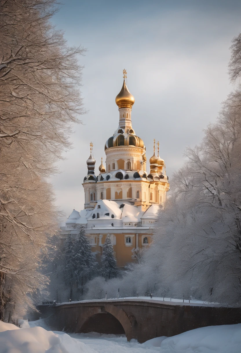 (best quality,4k,8k,highres,masterpiece:1.2),ultra-detailed,realistic:1.37, O Kremlin Branco, snowy landscape, monumental architecture, majestic domes, intricate carvings, golden shimmer, grand entrance, icy river, snow-capped trees, gentle snowfall, winter wonderland, historical masterpiece, breathtaking view, tranquil atmosphere, soft sunlight, ethereal beauty, serene reflections, timeless elegance, frozen beauty, magical ambiance, crisp air, peaceful silence.