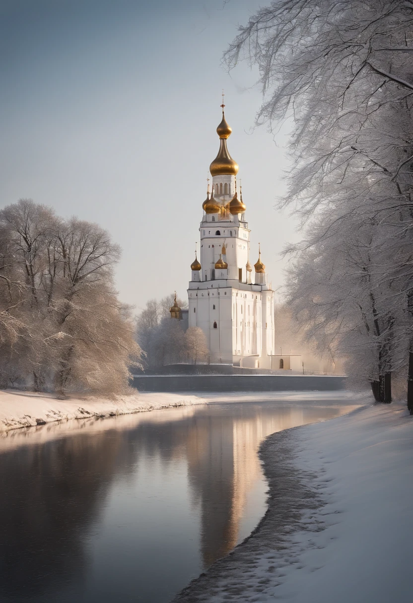 (best quality,4k,8k,highres,masterpiece:1.2),ultra-detailed,realistic:1.37, O Kremlin Branco, snowy landscape, monumental architecture, majestic domes, intricate carvings, golden shimmer, grand entrance, icy river, snow-capped trees, gentle snowfall, winter wonderland, historical masterpiece, breathtaking view, tranquil atmosphere, soft sunlight, ethereal beauty, serene reflections, timeless elegance, frozen beauty, magical ambiance, crisp air, peaceful silence.
