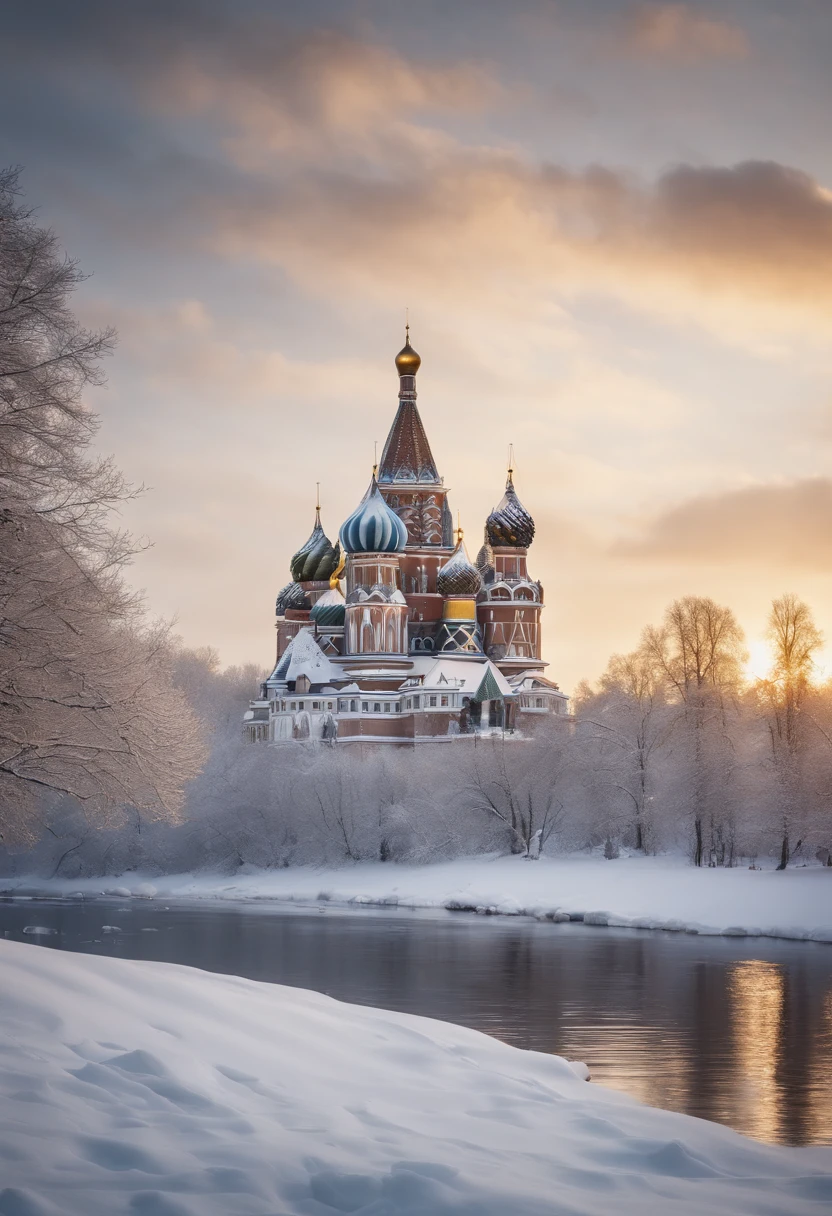 (best quality,4k,8k,highres,masterpiece:1.2),ultra-detailed,realistic:1.37, O Kremlin Branco, snowy landscape, monumental architecture, majestic domes, intricate carvings, golden shimmer, grand entrance, icy river, snow-capped trees, gentle snowfall, winter wonderland, historical masterpiece, breathtaking view, tranquil atmosphere, soft sunlight, ethereal beauty, serene reflections, timeless elegance, frozen beauty, magical ambiance, crisp air, peaceful silence.