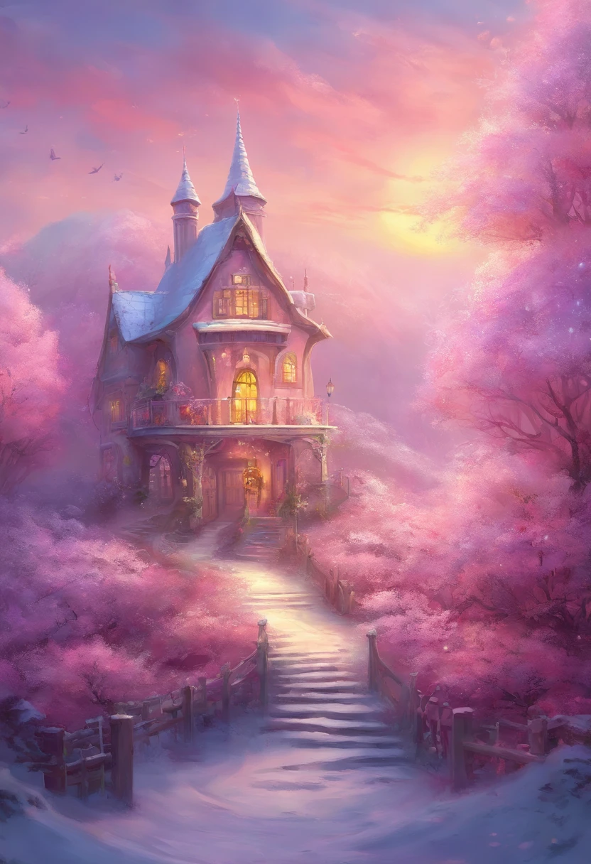 pink house wallpaper winter day winter day wallpaper, in the style of time-lapse photography, calm and serene beauty, uhd image, light white and amber, light emerald and pink, i can't believe how beautiful this is --ar 107:126
