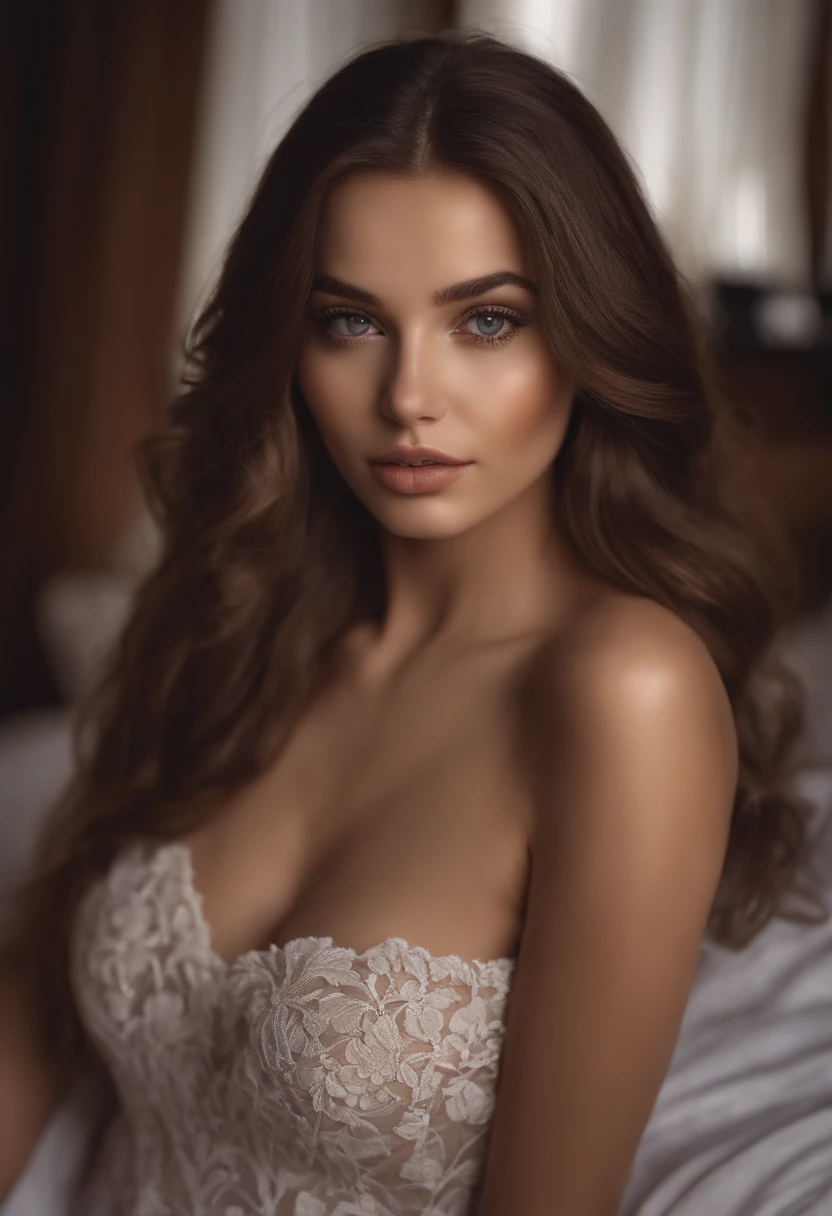 Arafed woman completely , fille sexy aux yeux bruns, ultra realist, Meticulously detailed, Portrait Sophie Mudd, cheveux bruns et grands yeux, selfie of a young woman, Yeux de chambre, Violet Myers, sans maquillage, maquillage naturel, looking straight at camera, Visage avec Artgram, Maquillage subtil, Great photo of the whole body kneeling on the bed, dans la chambre, Medium to large bust