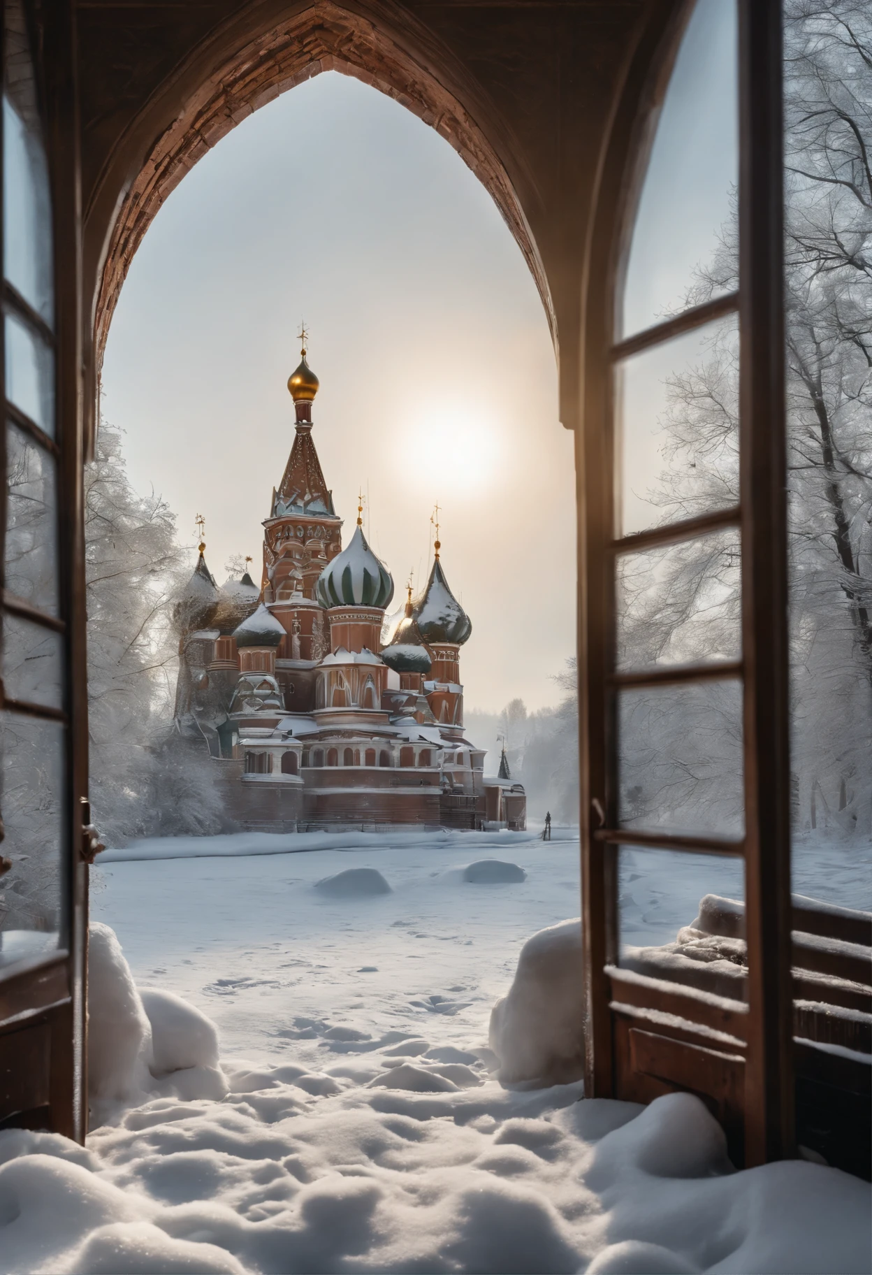 (best quality,4k,8k,highres,masterpiece:1.2),ultra-detailed,realistic:1.37, O Kremlin Branco, snowy landscape, monumental architecture, majestic domes, intricate carvings, golden shimmer, grand entrance, icy river, snow-capped trees, gentle snowfall, winter wonderland, historical masterpiece, breathtaking view, tranquil atmosphere, soft sunlight, ethereal beauty, serene reflections, timeless elegance, frozen beauty, magical ambiance, crisp air, peaceful silence.