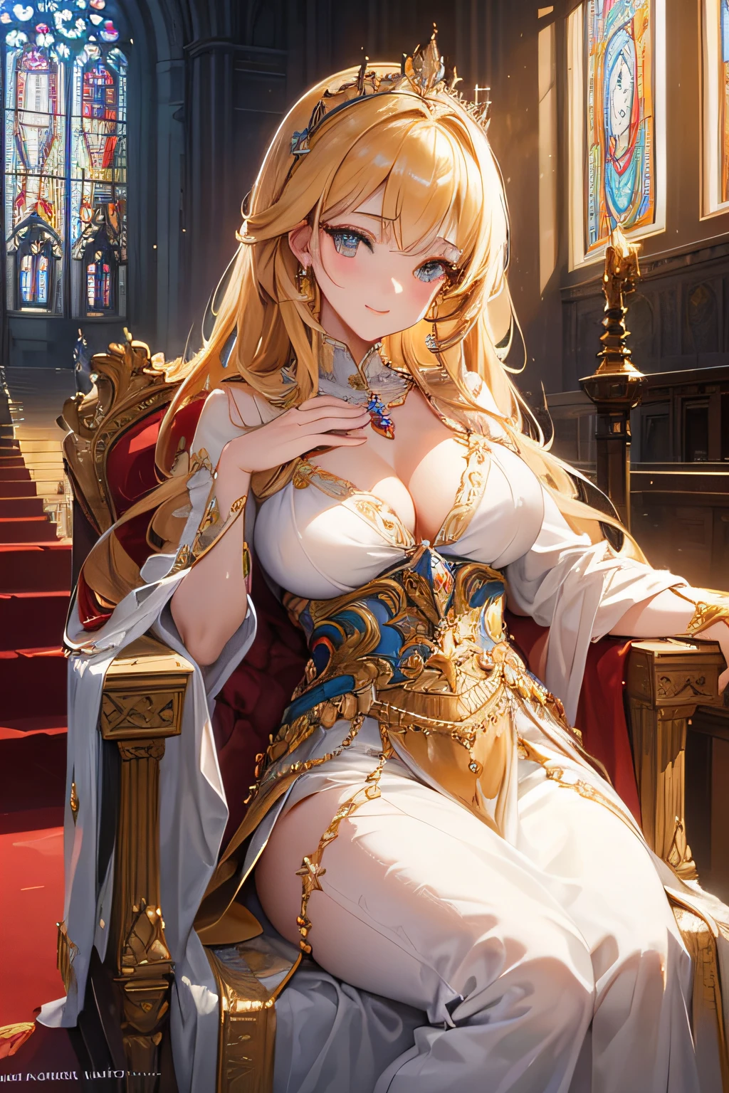 (best quality,4k,8k,highres,masterpiece:1.2),ultra-detailed,(realistic,photorealistic,photo-realistic:1.37),Queen,royal,majestic,beautiful detailed eyes,beautiful detailed lips,extremely detailed eyes and face,long eyelashes,graceful posture,regal gown,golden crown,sparkling jewelry,enchanting smile,soft and flowing hair,ornate throne,glimmering lights,vibrant colors,imposing presence,grand palace in the background,subtle sunlight streaming through stained glass windows,elegant and poised,atmospheric lighting,rich textures,historical ambiance,prestigious,