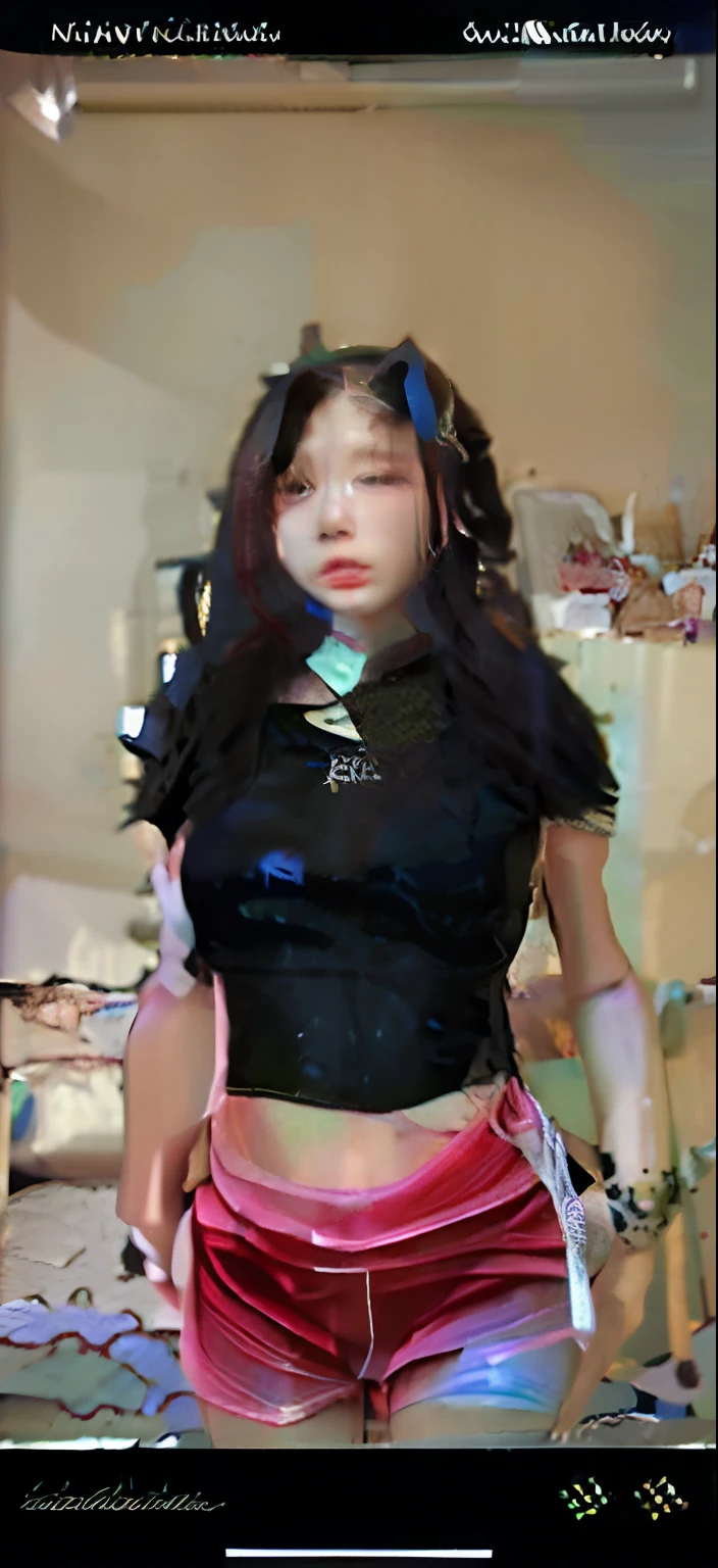 there is a woman in a black shirt and red shorts in a bathroom, tiktok video, ruan cute vtuber, young and cute girl, youtube video screenshot, wearing a sexy cropped top, wearing a cute top, wearing black tshirt, she is wearing a black tank top, style of beautiful body, low quality video, wearing tight simple clothes