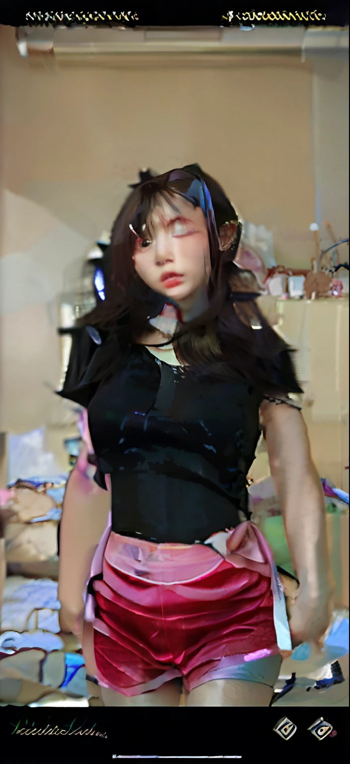 there is a woman in a black shirt and red shorts in a bathroom, tiktok video, ruan cute vtuber, young and cute girl, youtube video screenshot, wearing a sexy cropped top, wearing a cute top, wearing black tshirt, she is wearing a black tank top, style of beautiful body, low quality video, wearing tight simple clothes