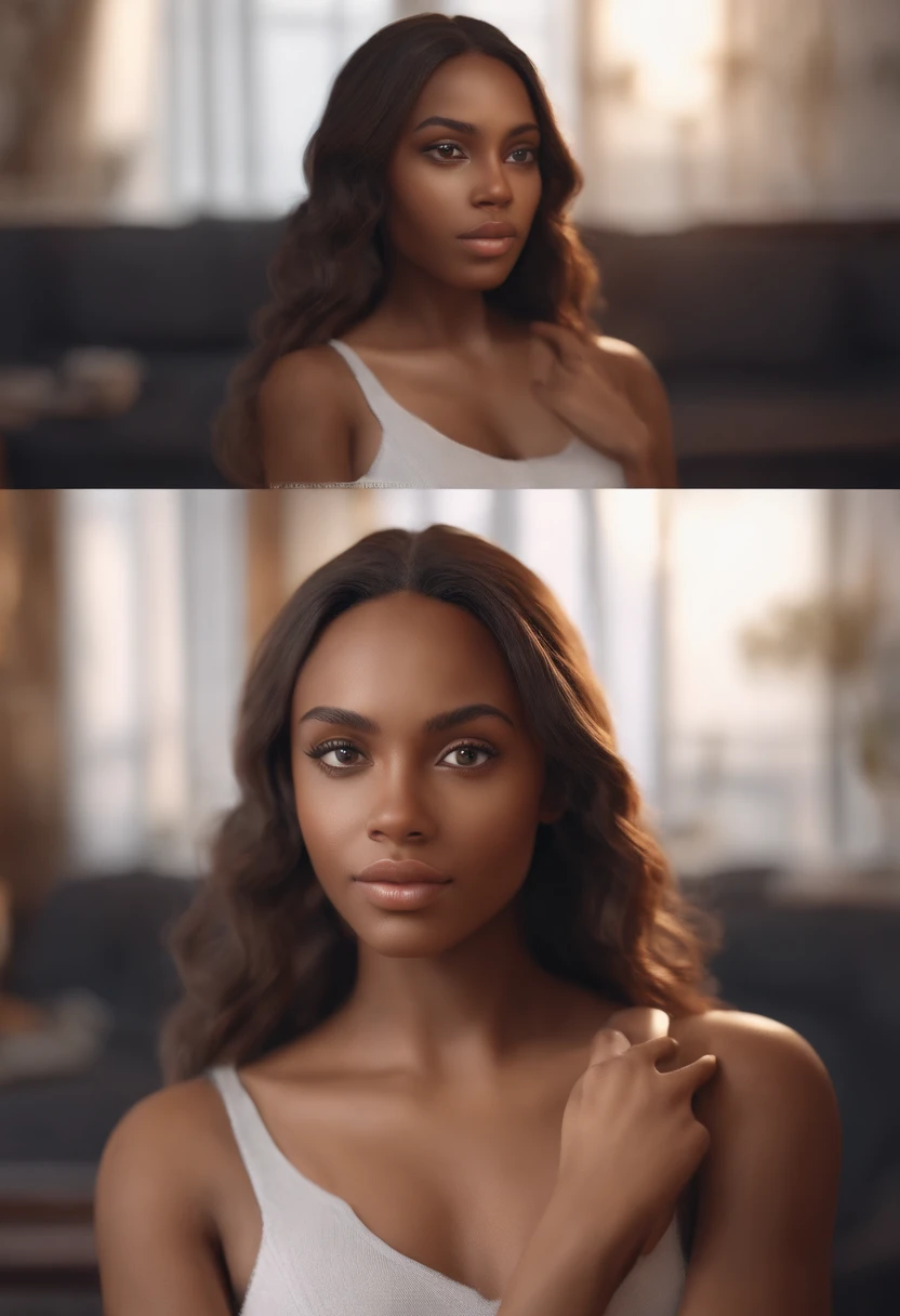 sexy black girl with brown eyes, ultra realistic, meticulously detailed, brown hair and large eyes, selfie of a young woman, without makeup, natural makeup, looking directly at the camera, face with artgram, subtle makeup, in bedroom, 8k, hyper-realistic
