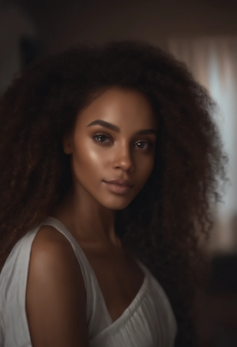 Afro Woman Completely , fille sexy aux yeux bruns, ultra realist, Meticulously detailed, Portrait Sophie Mudd, cheveux bruns et grands yeux, selfie of a young woman, Dubai Eyes, Violet Myers, sans maquillage, maquillage naturel, looking straight at camera, Visage avec Artgram, Maquillage subtil, Great photo of the whole body kneeling on the bed, dans la chambre, Medium to large bust