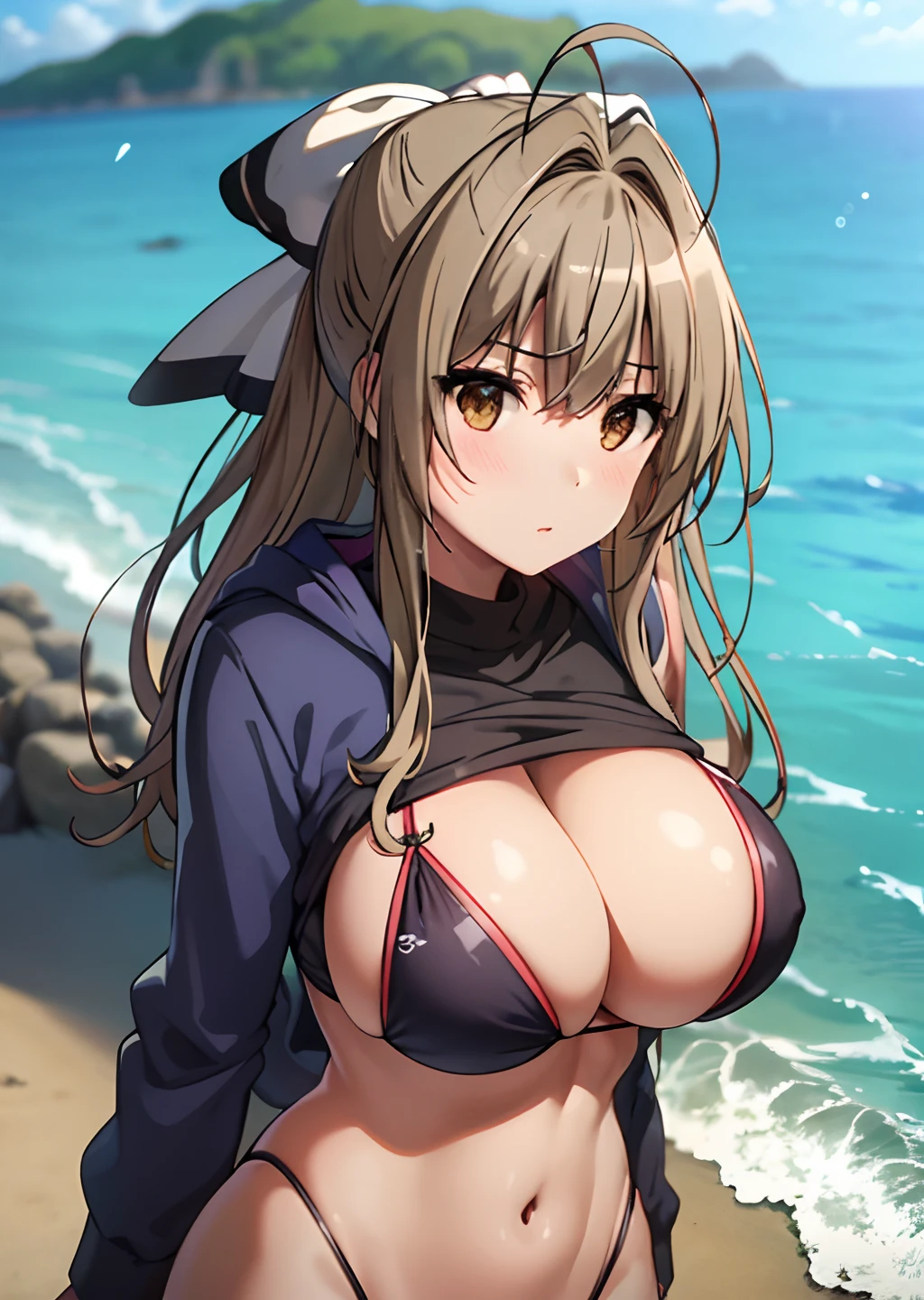 SeaArtBot Txt2Img 02:20:39 Task ID：44014568726597 Masterpiece、best qualityer、Sento Isuzu、Sento Isuzu、Hair ribbon、with brown eye、Antenna hair、huge tit、8K, best qualityer, 超高分辨率, Depth field, straight shot , From miiddle , 1girll, , perfect glossy shiny skins, Flawless skin, Fair skin, gigantic cleavage breasts, nedium breasts, Narrow waist, thin blush,Wearing pink miniature bikinis and hoodies、（High leg rope、Low leg line、 looking at viewert, Light smile,perspired、(Gravure pose:1.1）、sea beach、blur backgroun、appeal、Beautuful Women、kyoani、Kyoani style、A sexy、cowboy lens、