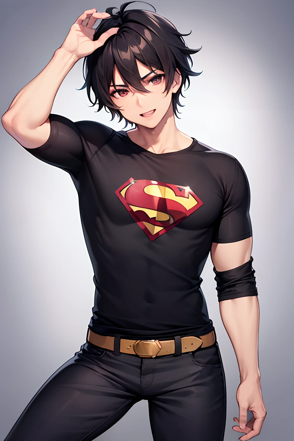 1boys, Cabello negro corto, ojos cafes, musculoso, camisa negra de superman manga corta, sin pantalones, botas grises, sonriente, pose erotica