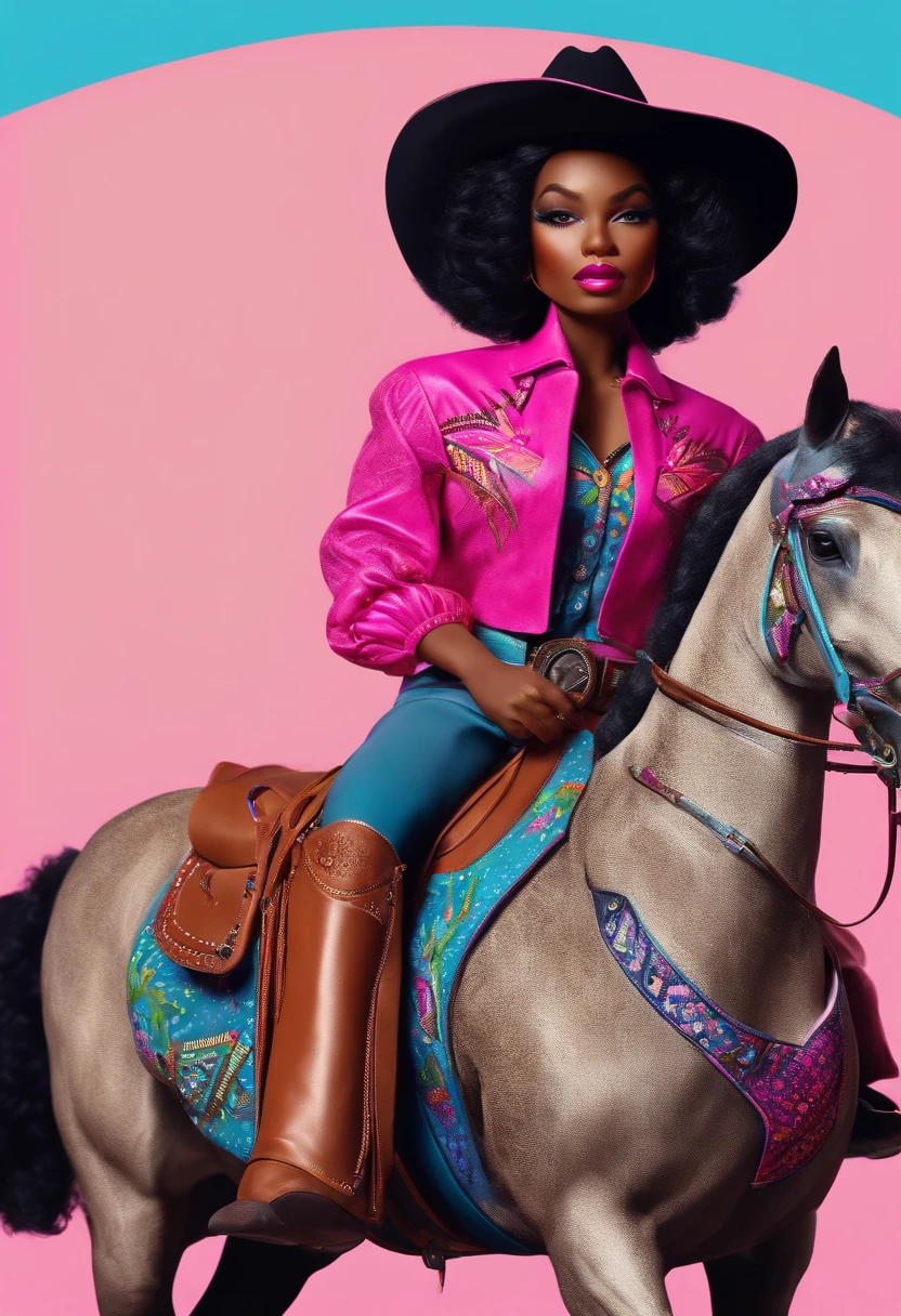 A black popular fashion toy doll in pink cowboy attire, riding a pop art-inspired horse with vibrant patterns, drawn in Procreate --v 5.2