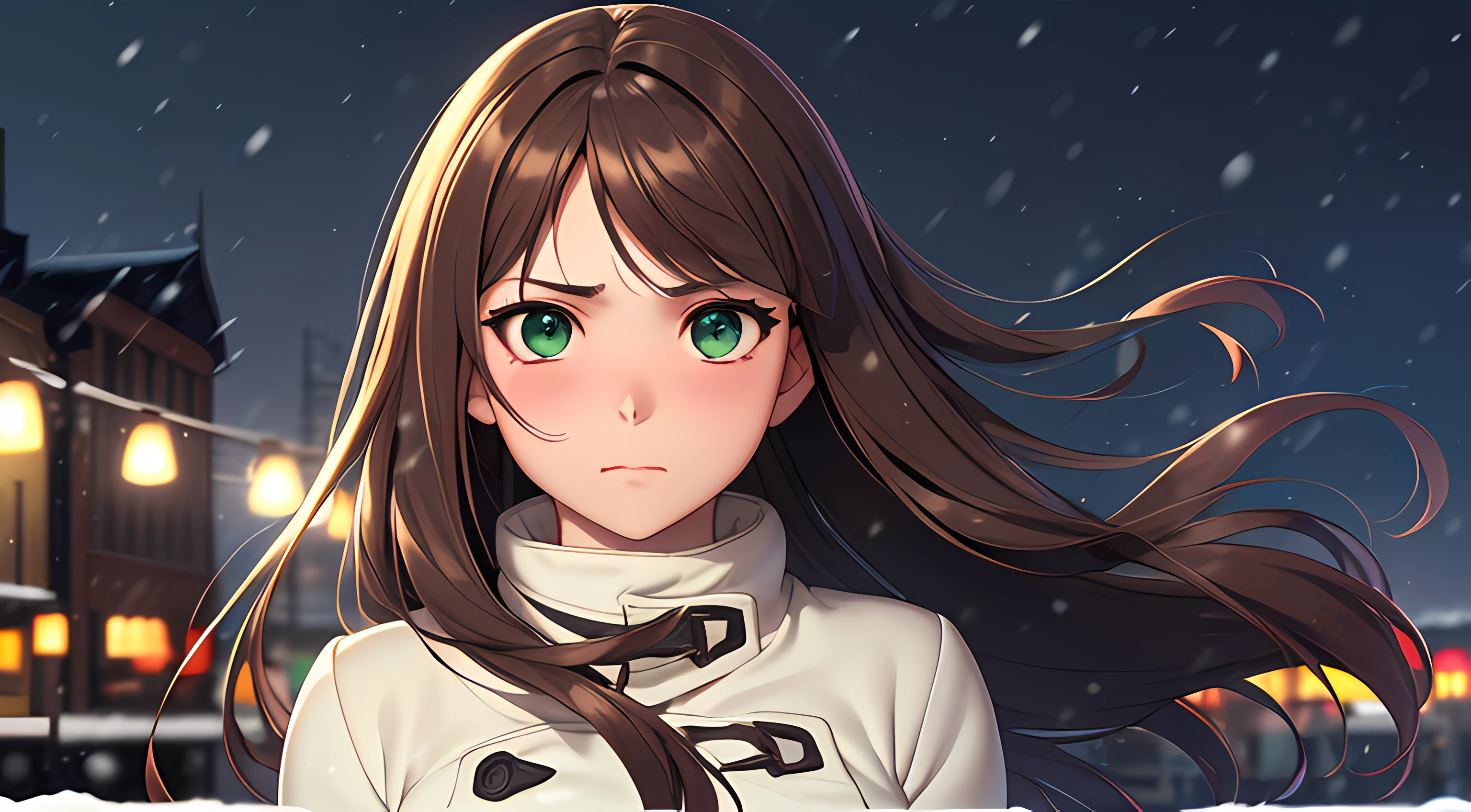 ((masterpiece, best quality, highres, UHD, perfect pixel, depth of field, 4k, RTX, HDR)), ((golden ratio, rule of third, centered)), 1girl, single, solo, 24 years old, beautiful anime girl, beautiful artstyle, anime character, (dramatic, sad, gloomy), ((long hair, parted bangs, brown hair)), (green eyes:1.4, rounded eyes, beautiful eyelashes, realistic eyes), (detailed face, blushing:1.2), (smooth texture:0.75, realistic texture:0.65, photorealistic:1.2, cinematic, anime CG style), medium breasts, perfect body, busty, (dynamic angle, pov), ((winter clothes, long coats, mittens, gloves, long underwear)), night, city lights, bokeh:1.4, (outdoor, city buildings, crowd), ((winter, snowfall:1.8, the wind blows)), (graceful, prestigious, glorious, elegant)